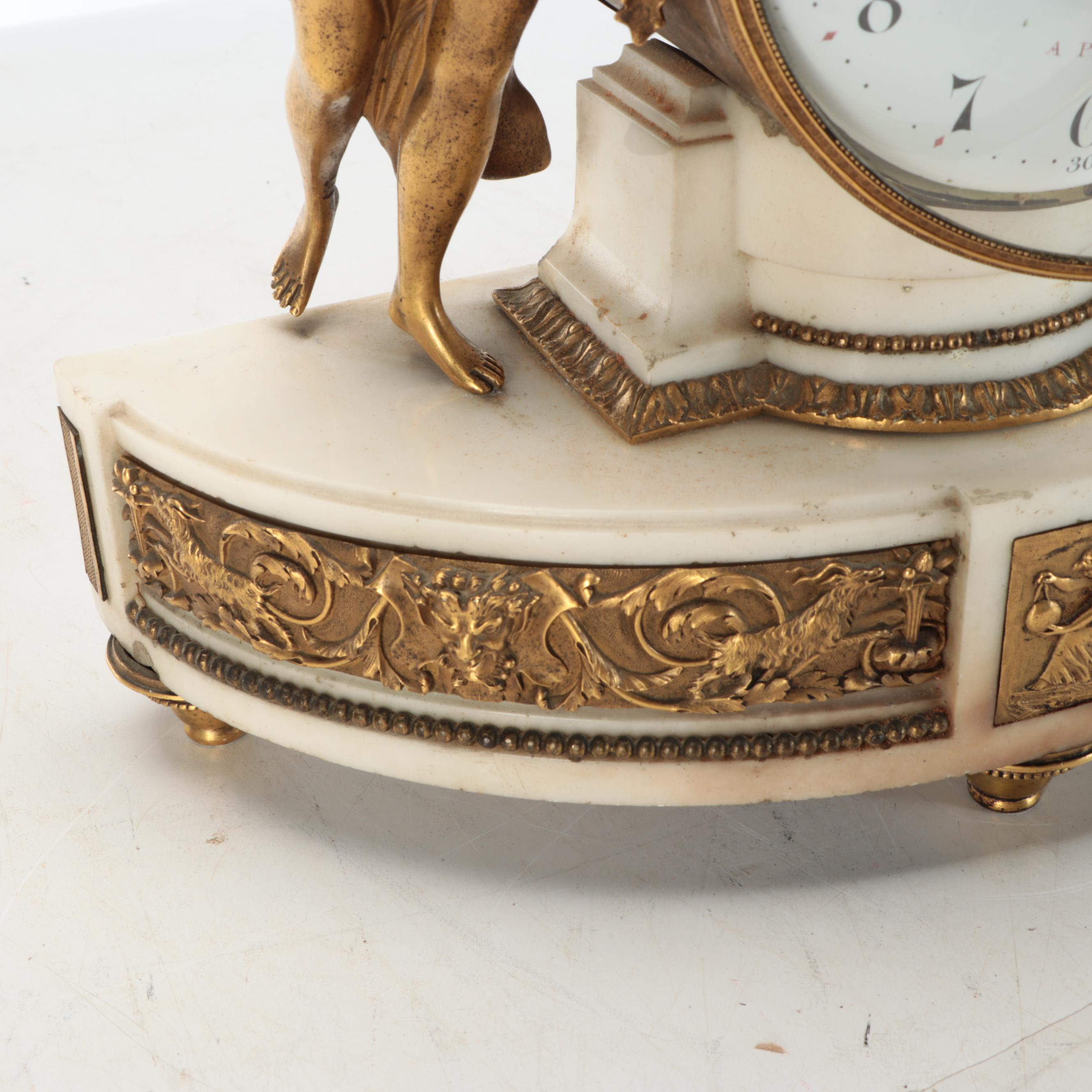 Louis Philippe Style Gilt Metal and Marble Figural Table Clock