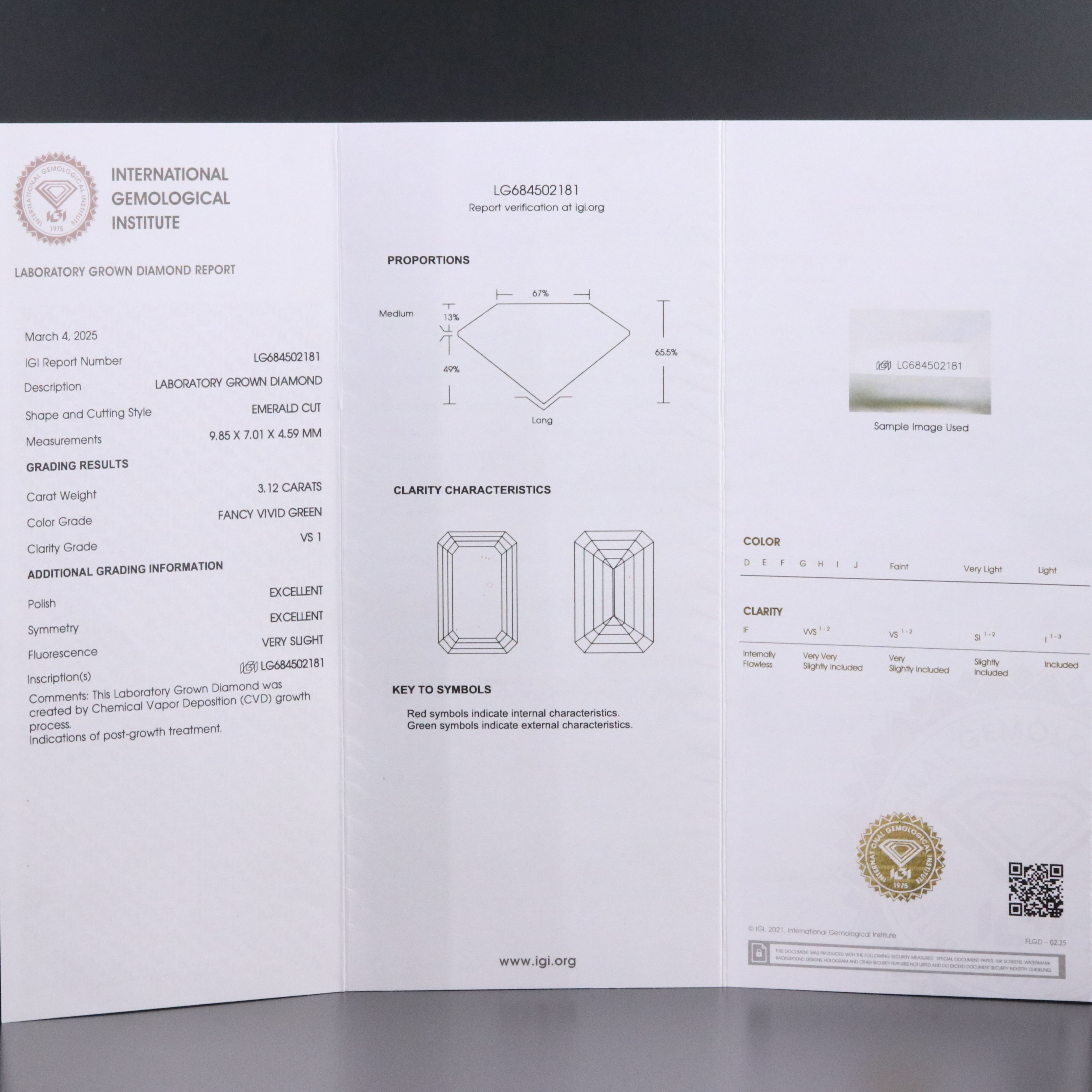 Loose 3.12 CT Lab Grown Fancy Green Diamond with IGI Report