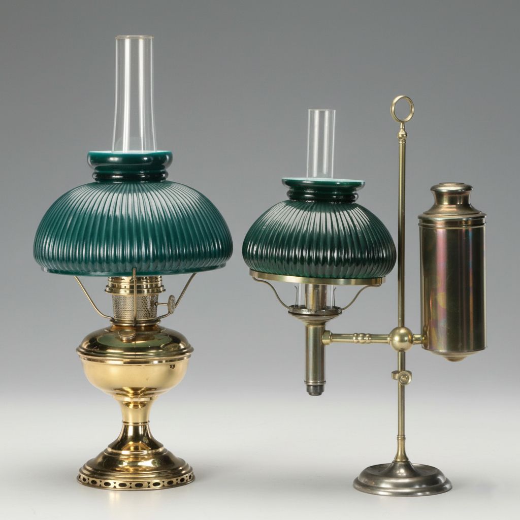 Aladdin Brass Finish Oil Lamp with Argand Student Lamp and Green Ribbed Shades