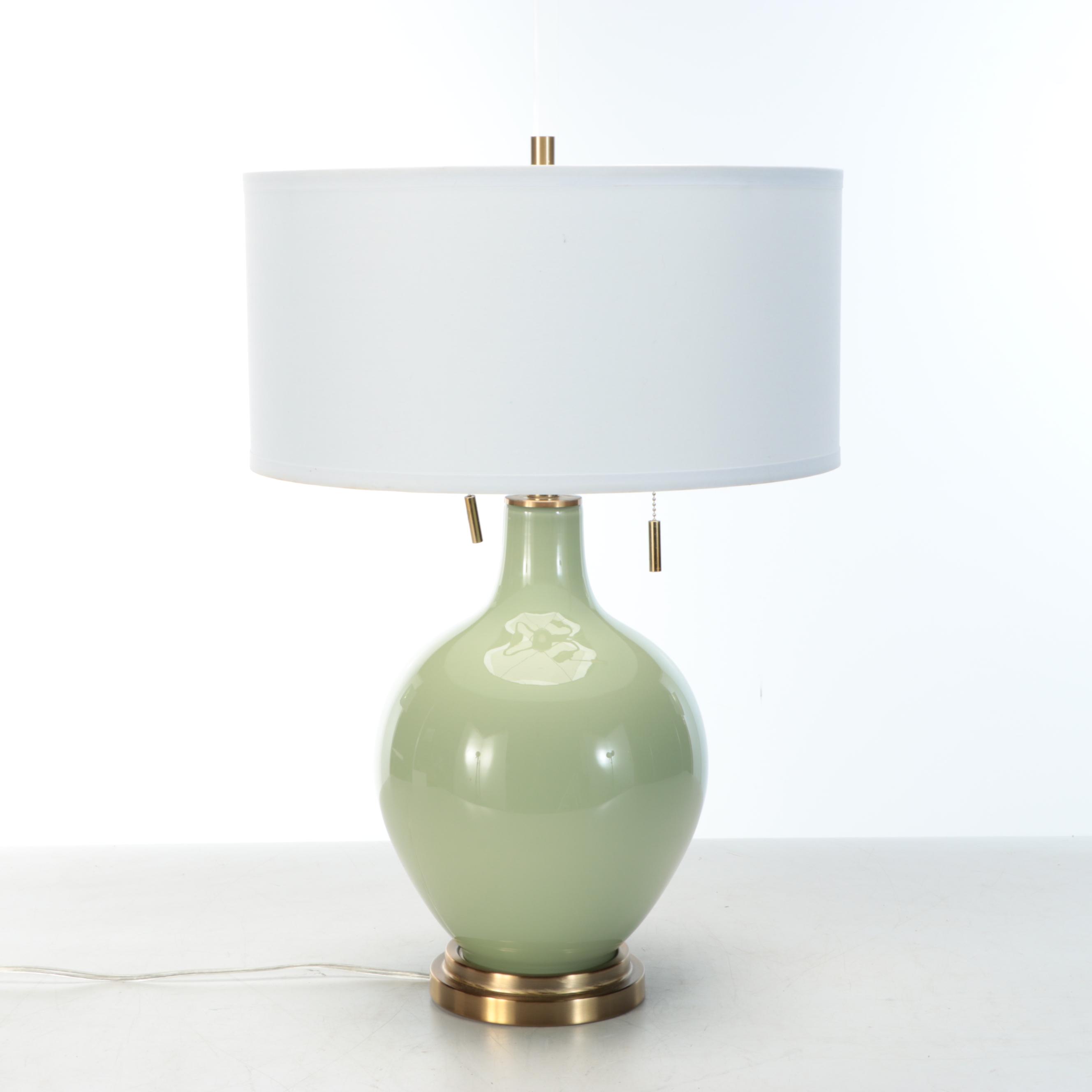 Color+Plus "Toby Majolica Green" Glass Table Lamps with Cotton Drum Shades, 2021