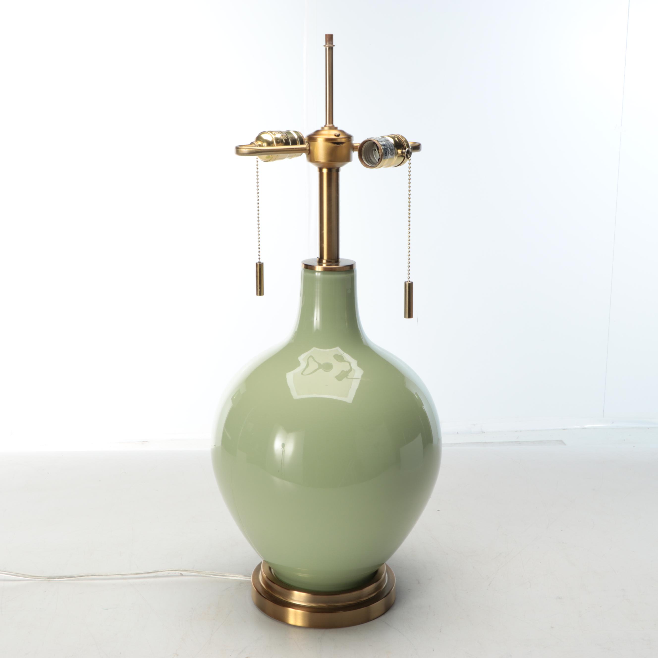 Color+Plus "Toby Majolica Green" Glass Table Lamps with Cotton Drum Shades, 2021