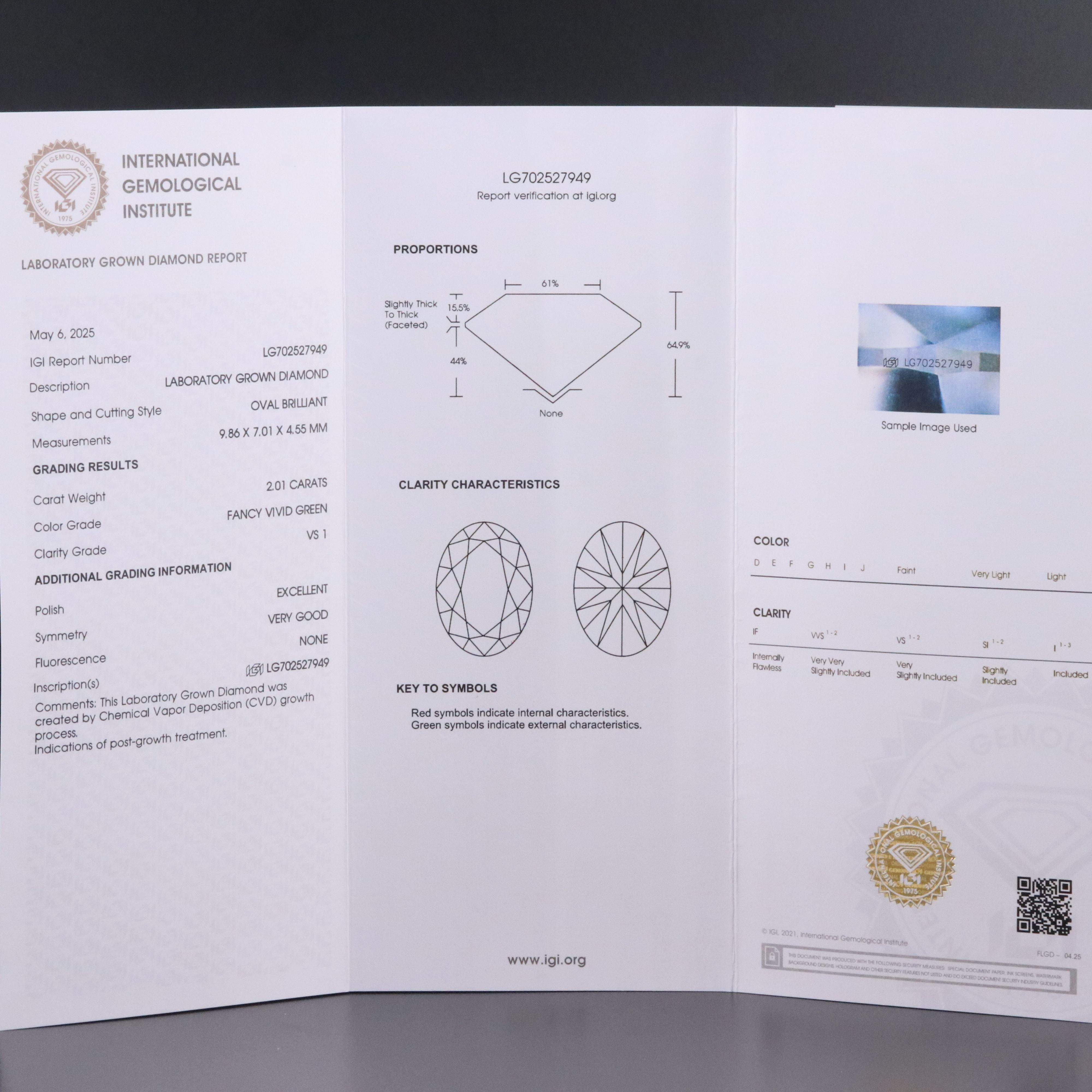 Loose 2.01 CT Lab Grown Fancy Green Diamond with IGI Report