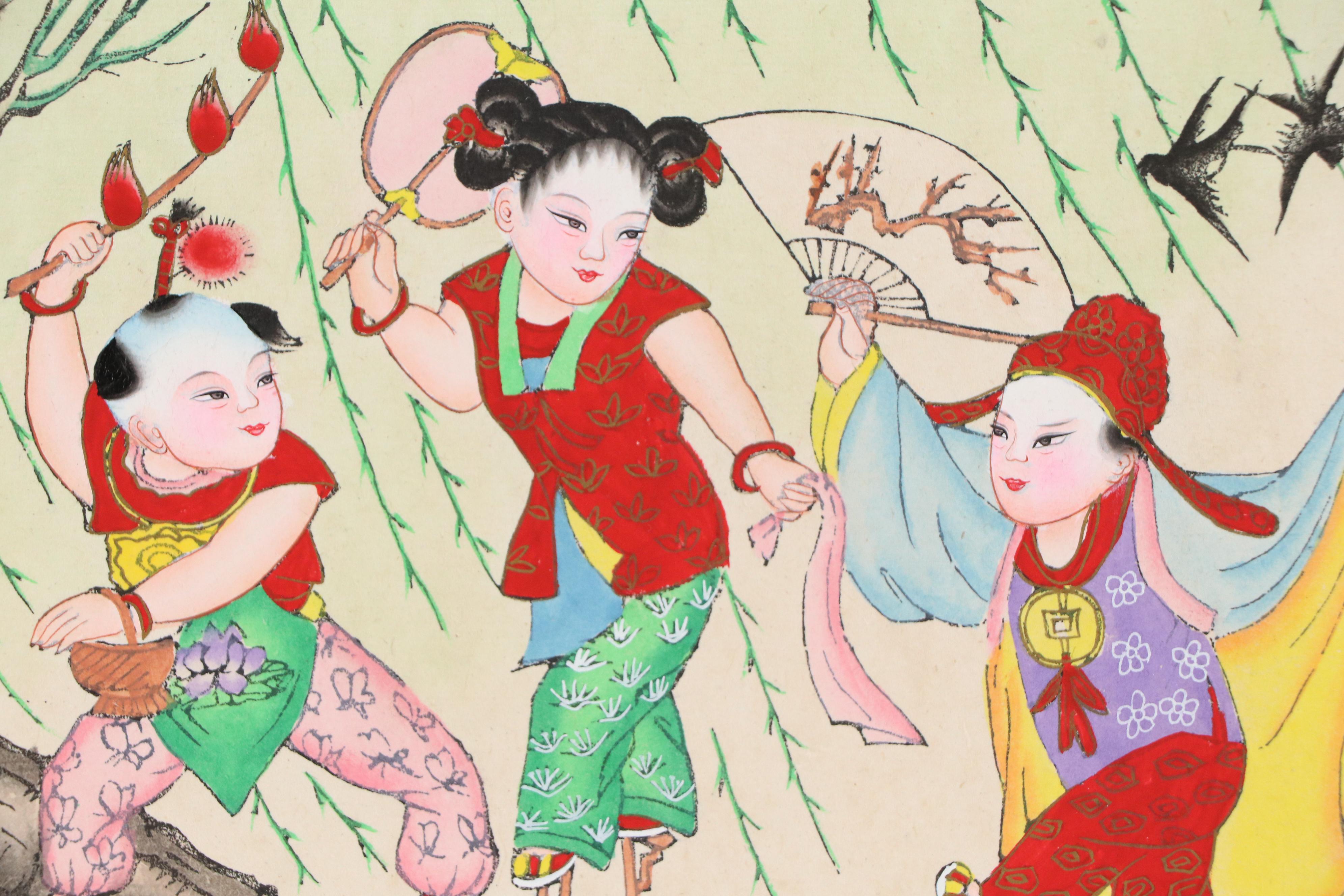 Chinese Hand-Painted Woodblock of Three Children on Stilts, Mid-20th Century