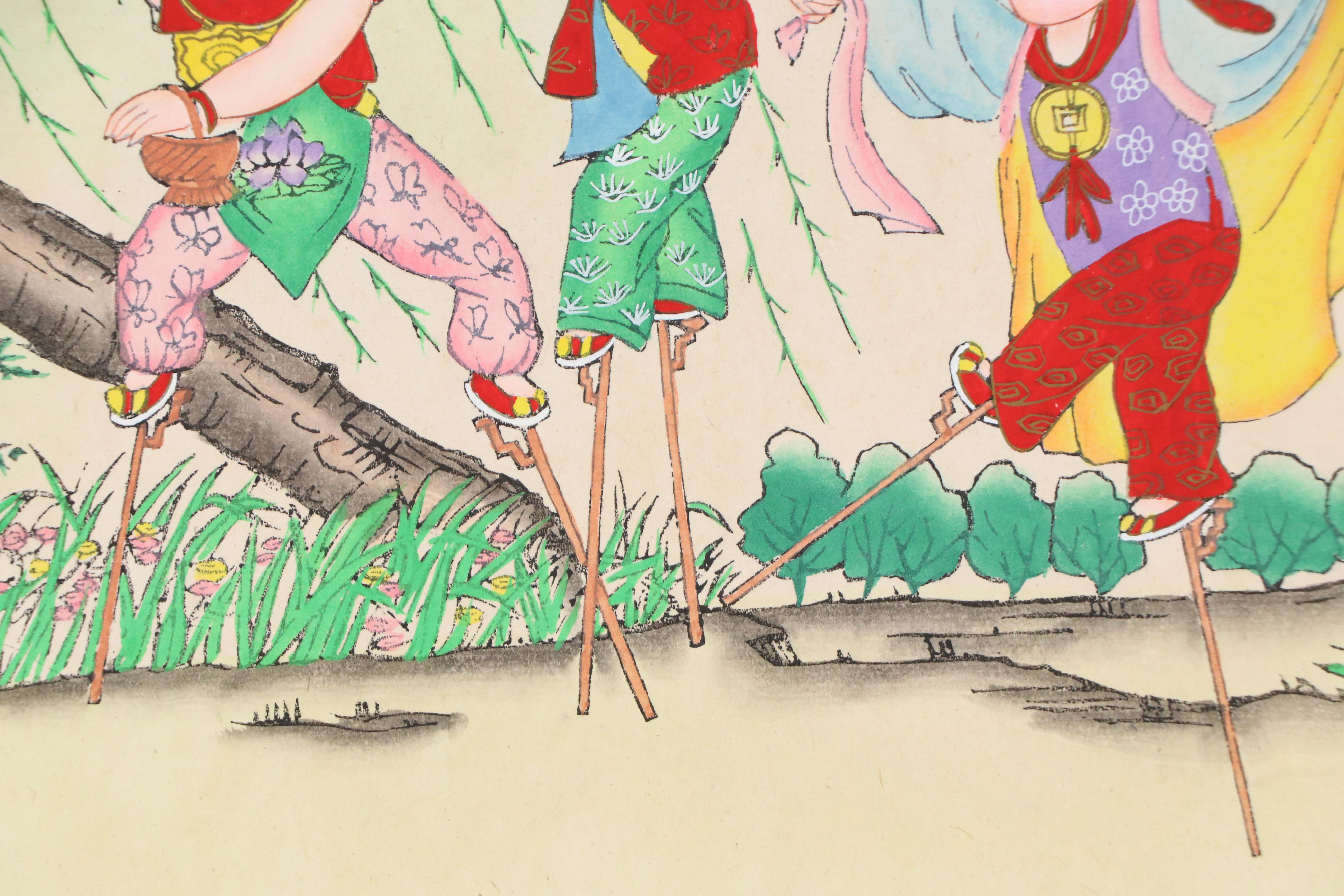 Chinese Hand-Painted Woodblock of Three Children on Stilts, Mid-20th Century