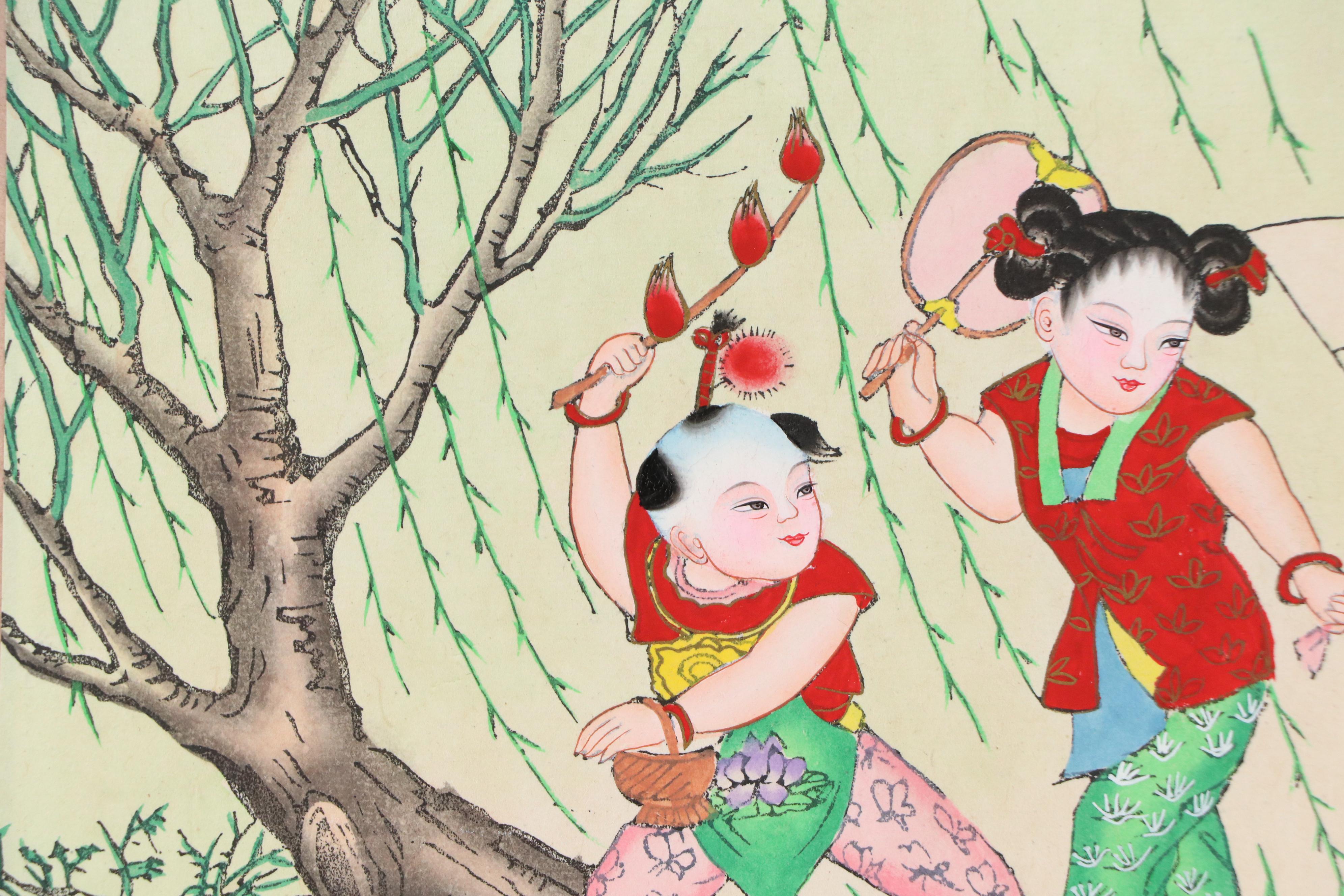 Chinese Hand-Painted Woodblock of Three Children on Stilts, Mid-20th Century