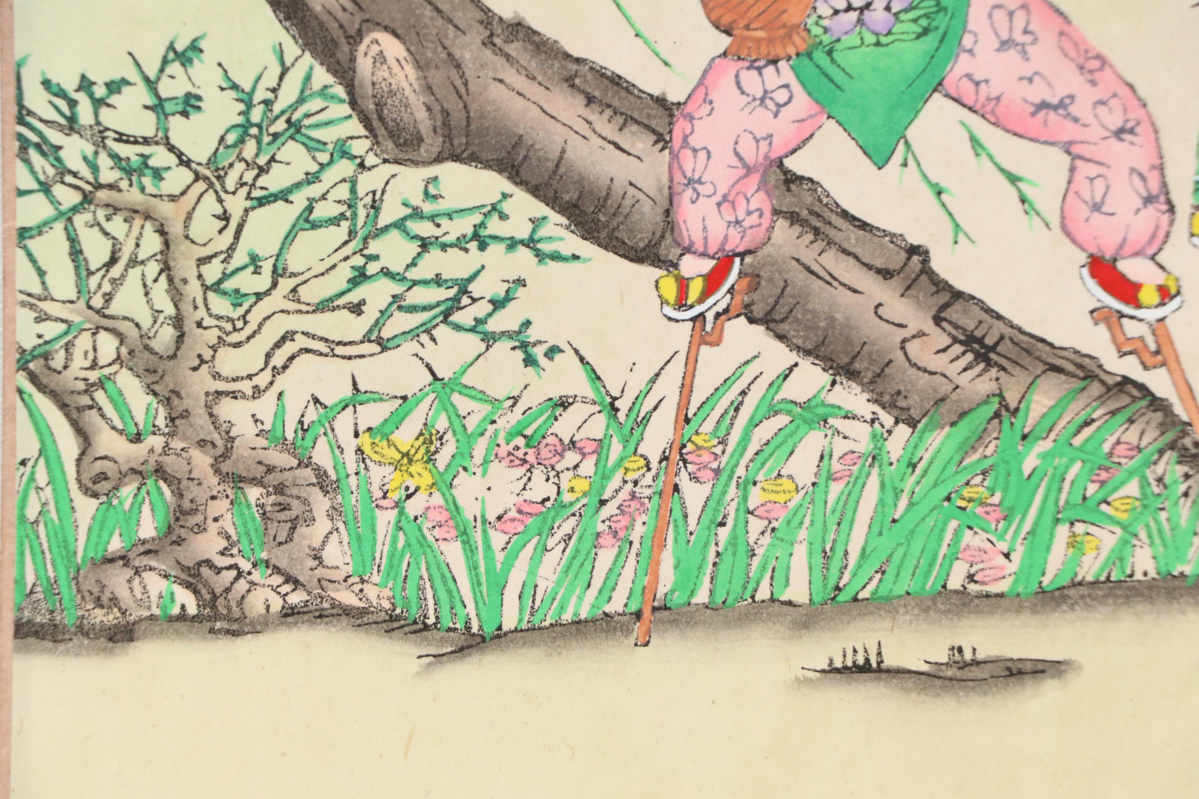 Chinese Hand-Painted Woodblock of Three Children on Stilts, Mid-20th Century