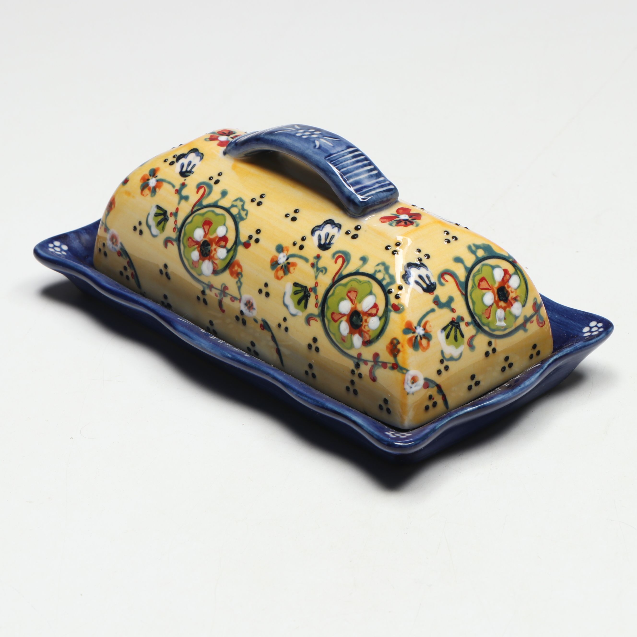 Hand-Painted Ceramic Round Platter, Square Bowl, and Butter Dish