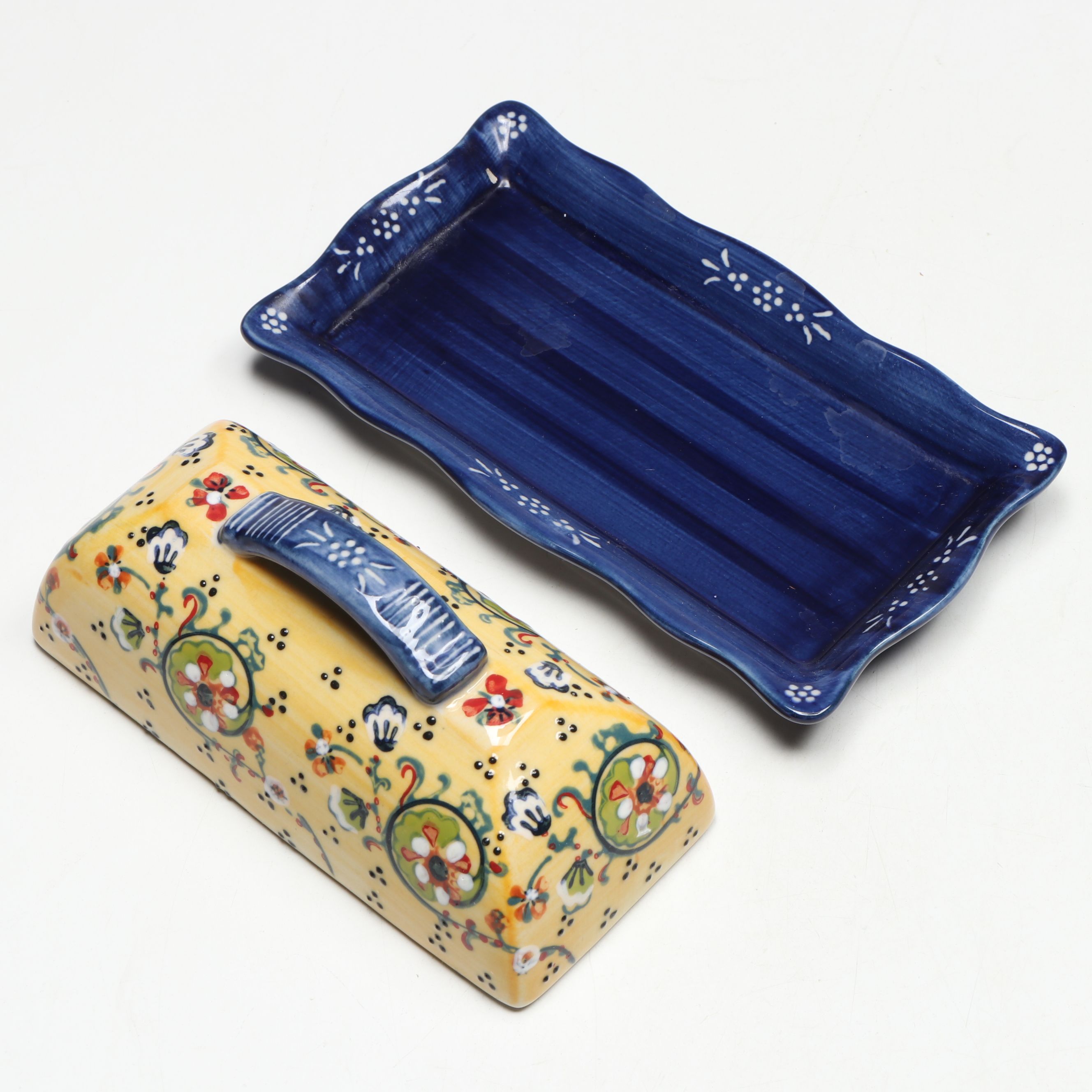 Hand-Painted Ceramic Round Platter, Square Bowl, and Butter Dish