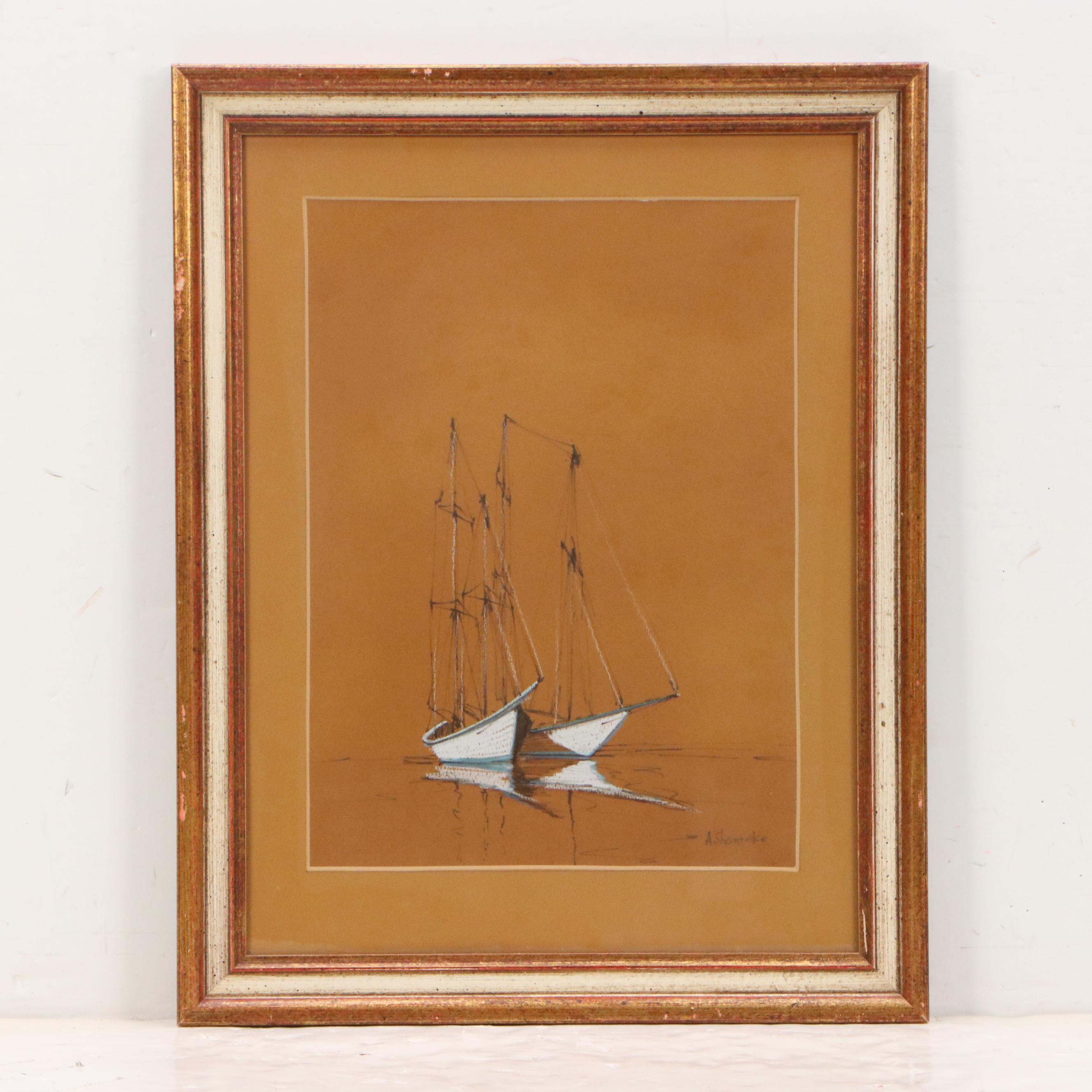 Anthony Shemroske Pastel and Graphite Sailboat Scenes, Circa 1970