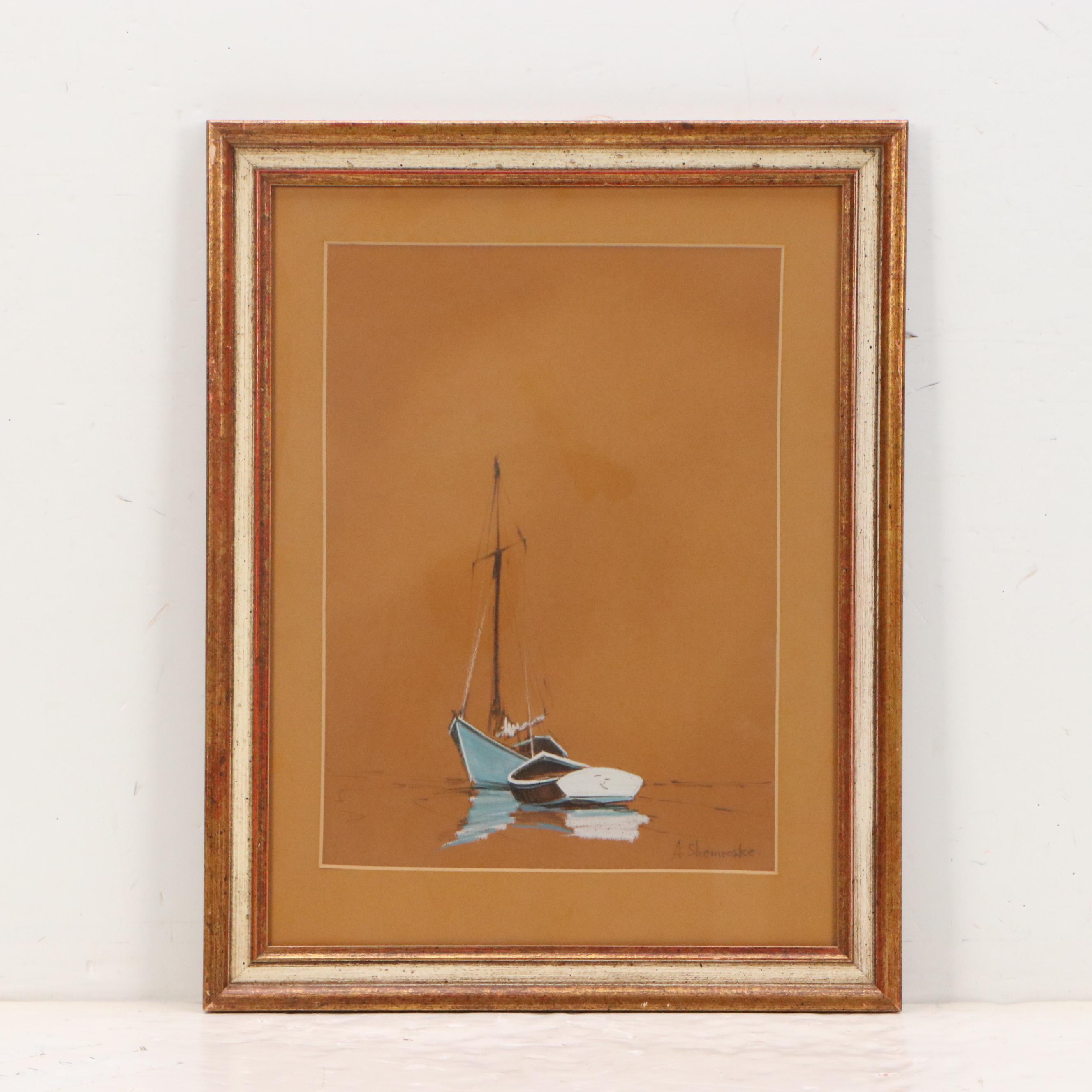 Anthony Shemroske Pastel and Graphite Sailboat Scenes, Circa 1970