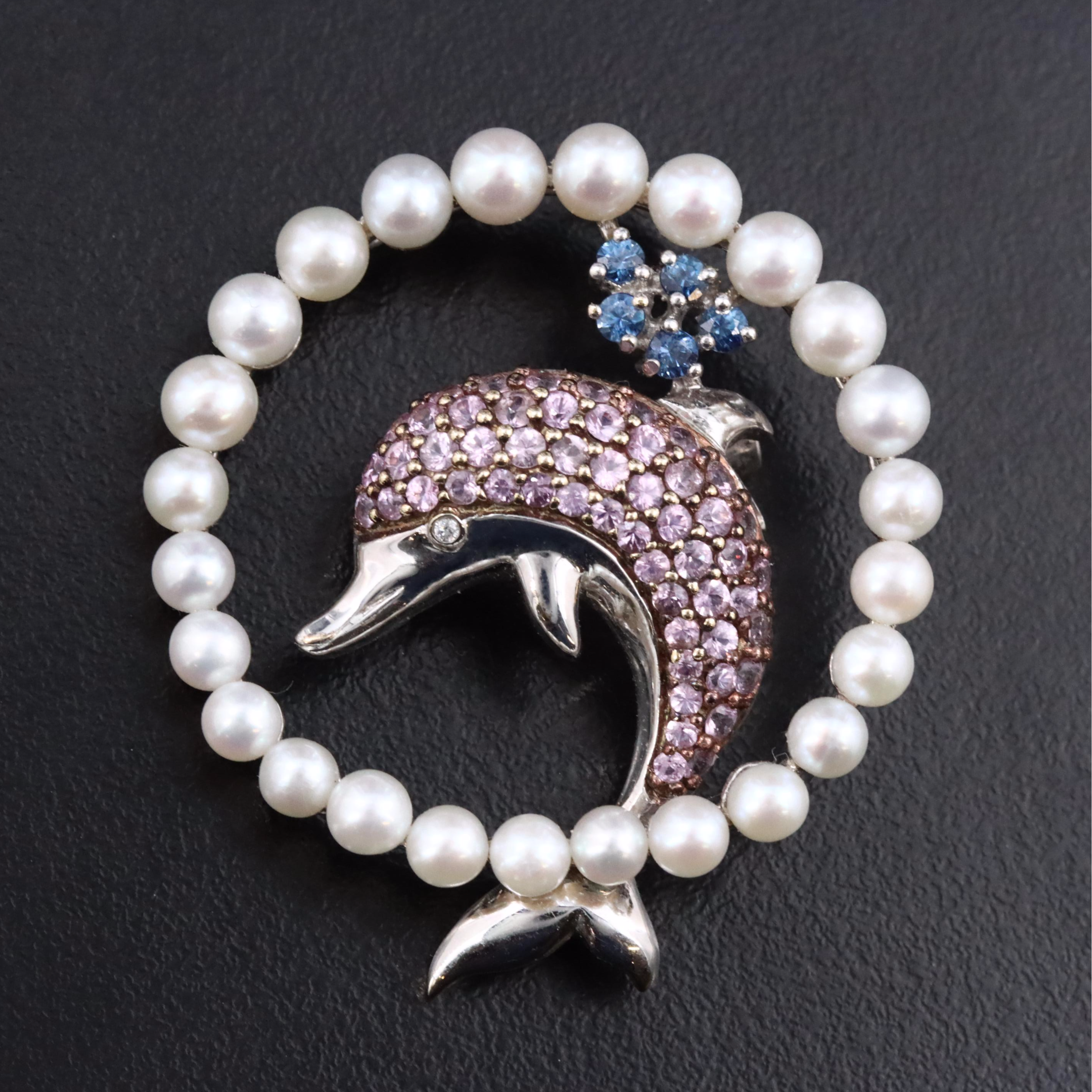 18K Pink and Blue Sapphire Dolphin Converter Brooch with Pearls