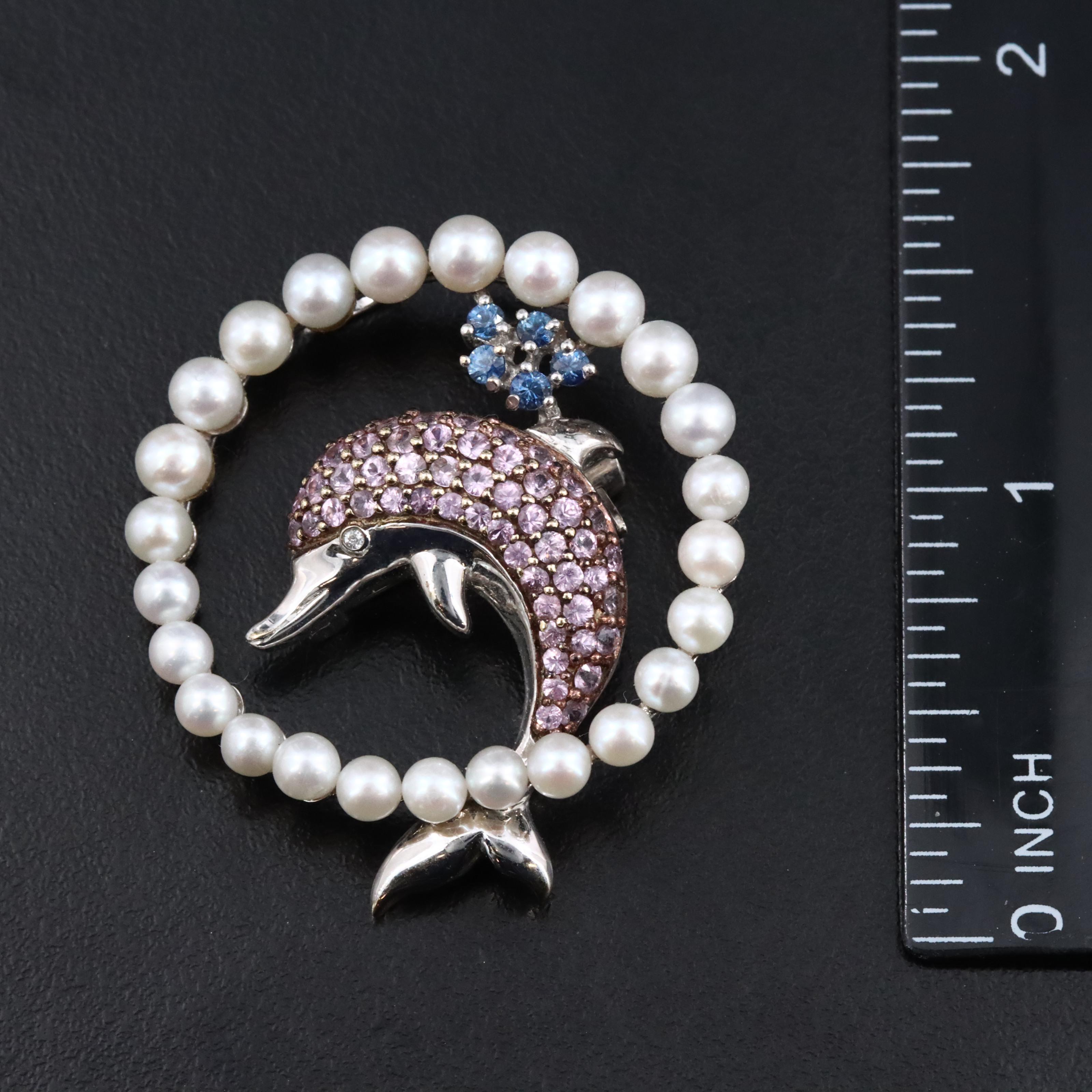 18K Pink and Blue Sapphire Dolphin Converter Brooch with Pearls