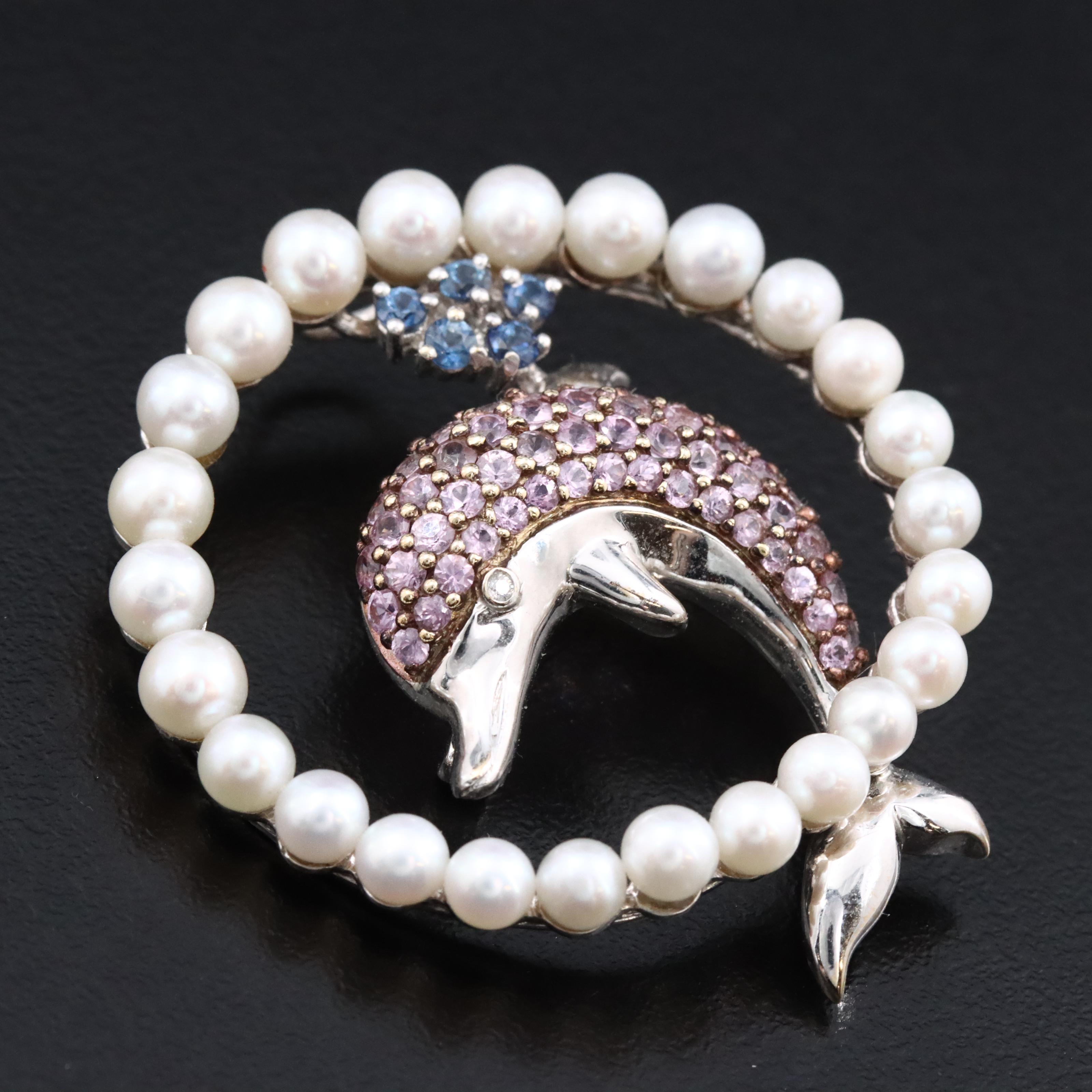 18K Pink and Blue Sapphire Dolphin Converter Brooch with Pearls