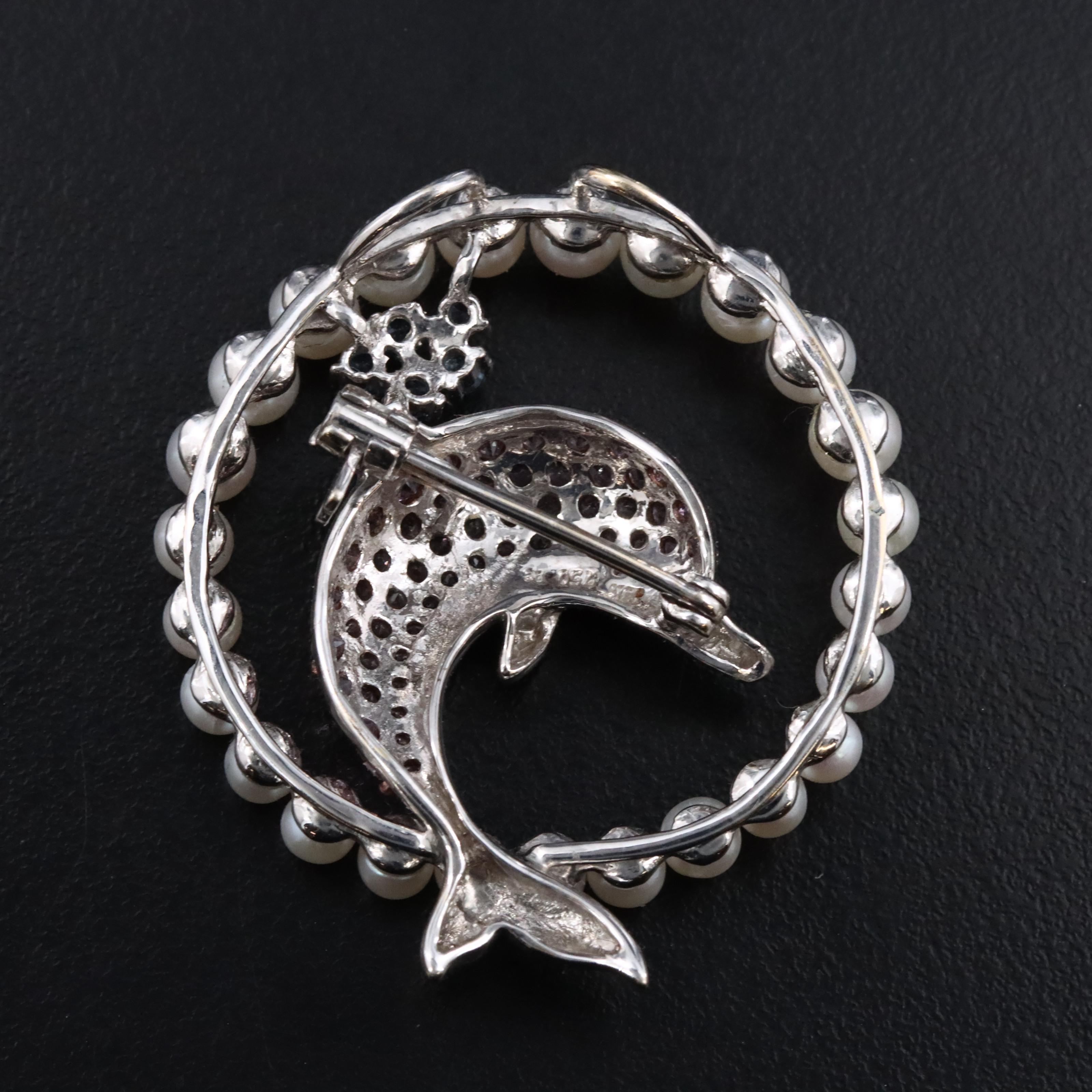18K Pink and Blue Sapphire Dolphin Converter Brooch with Pearls