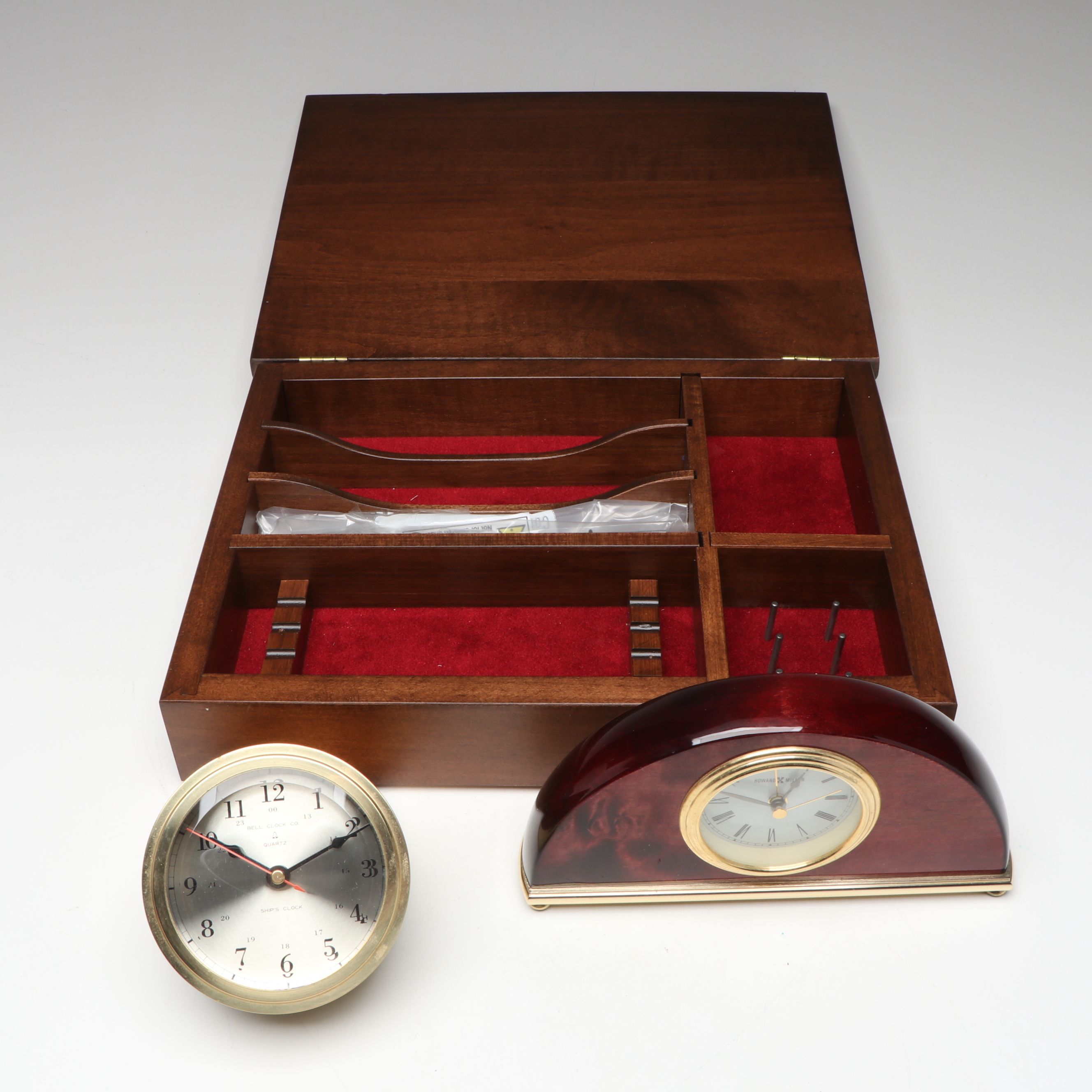 Handcrafted Maple Jewelry Box with Howard Miller and Other Metal Ship's Clock