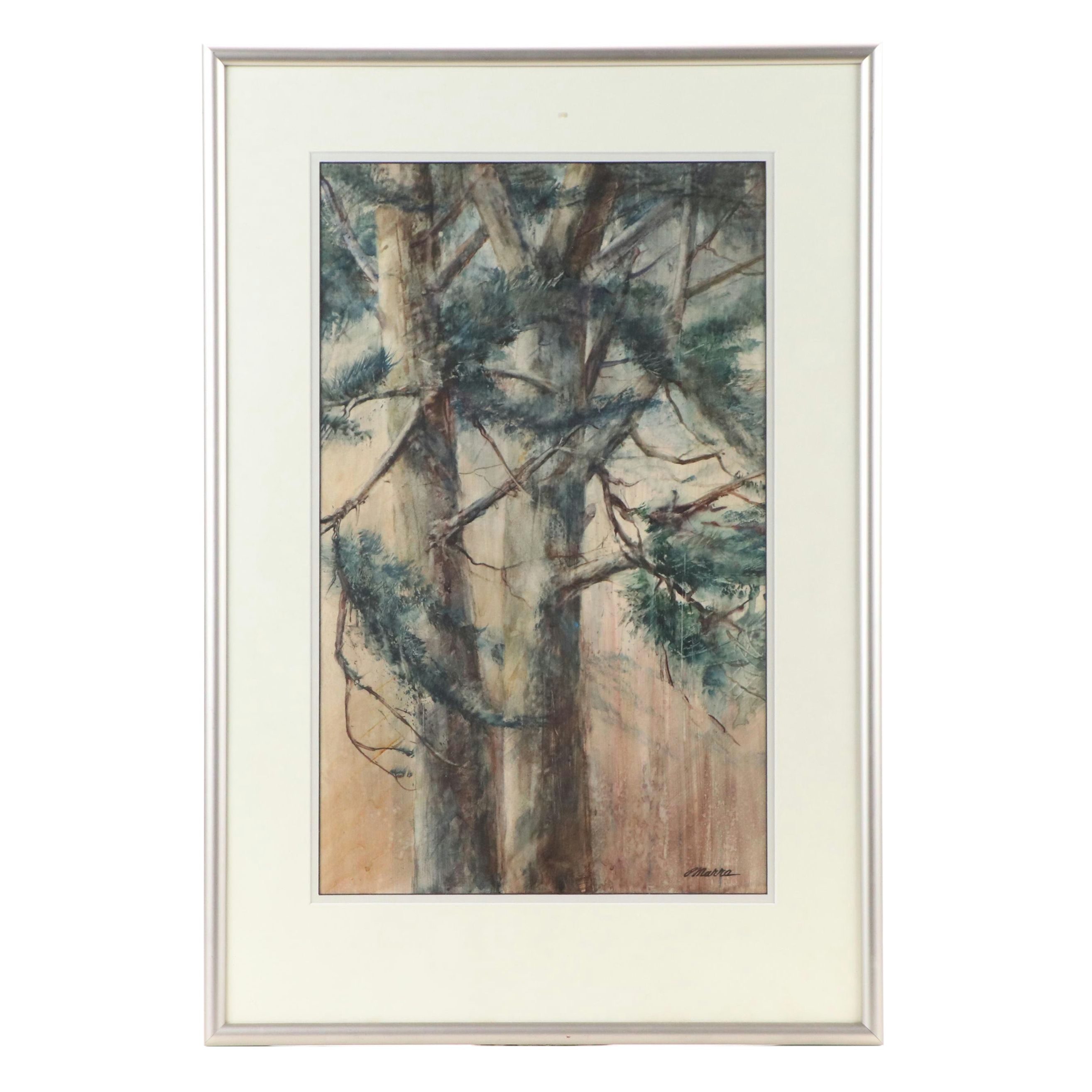 Watercolor Painting of Two Pine Trees, Mid to Late 20th Century