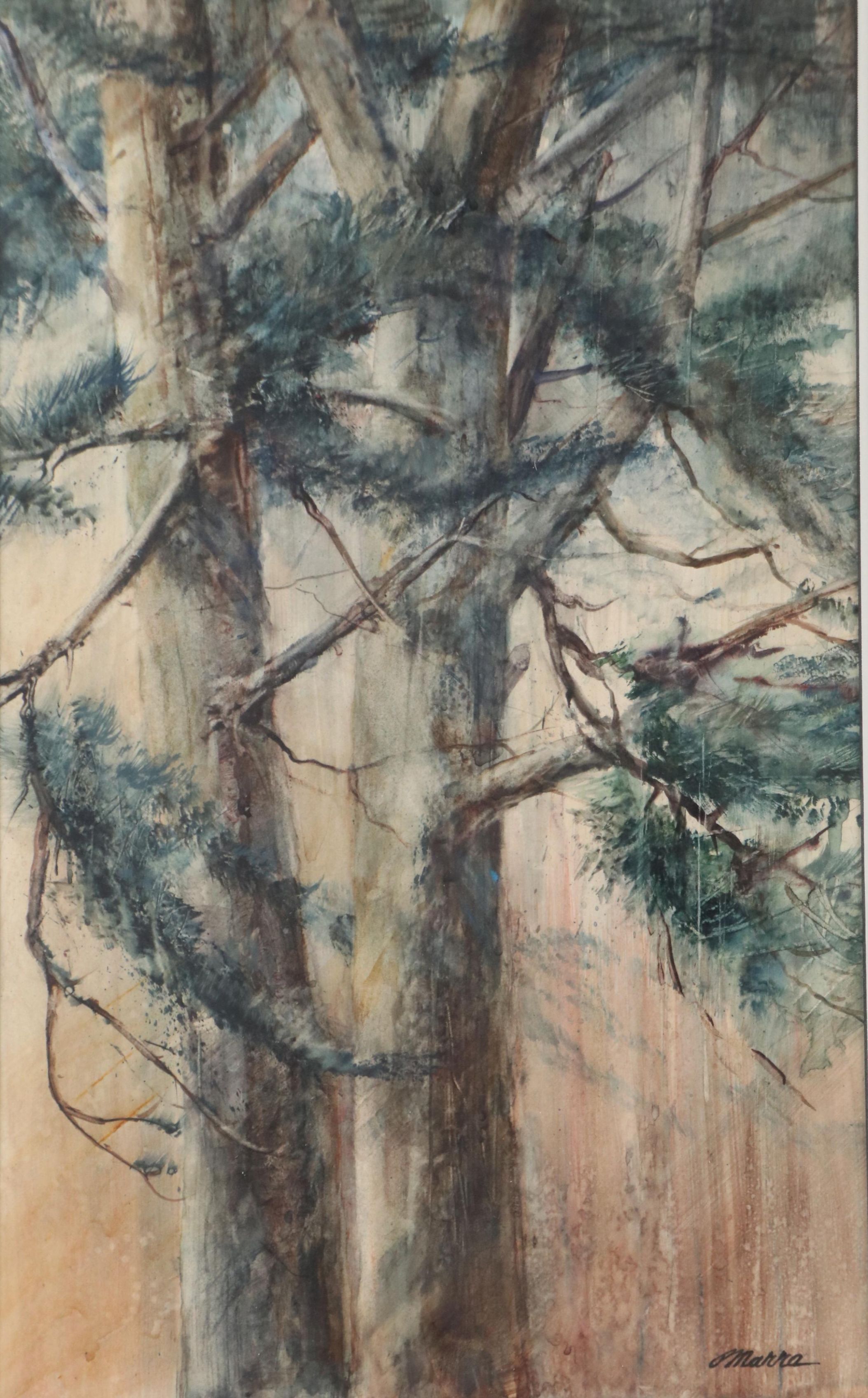 Watercolor Painting of Two Pine Trees, Mid to Late 20th Century