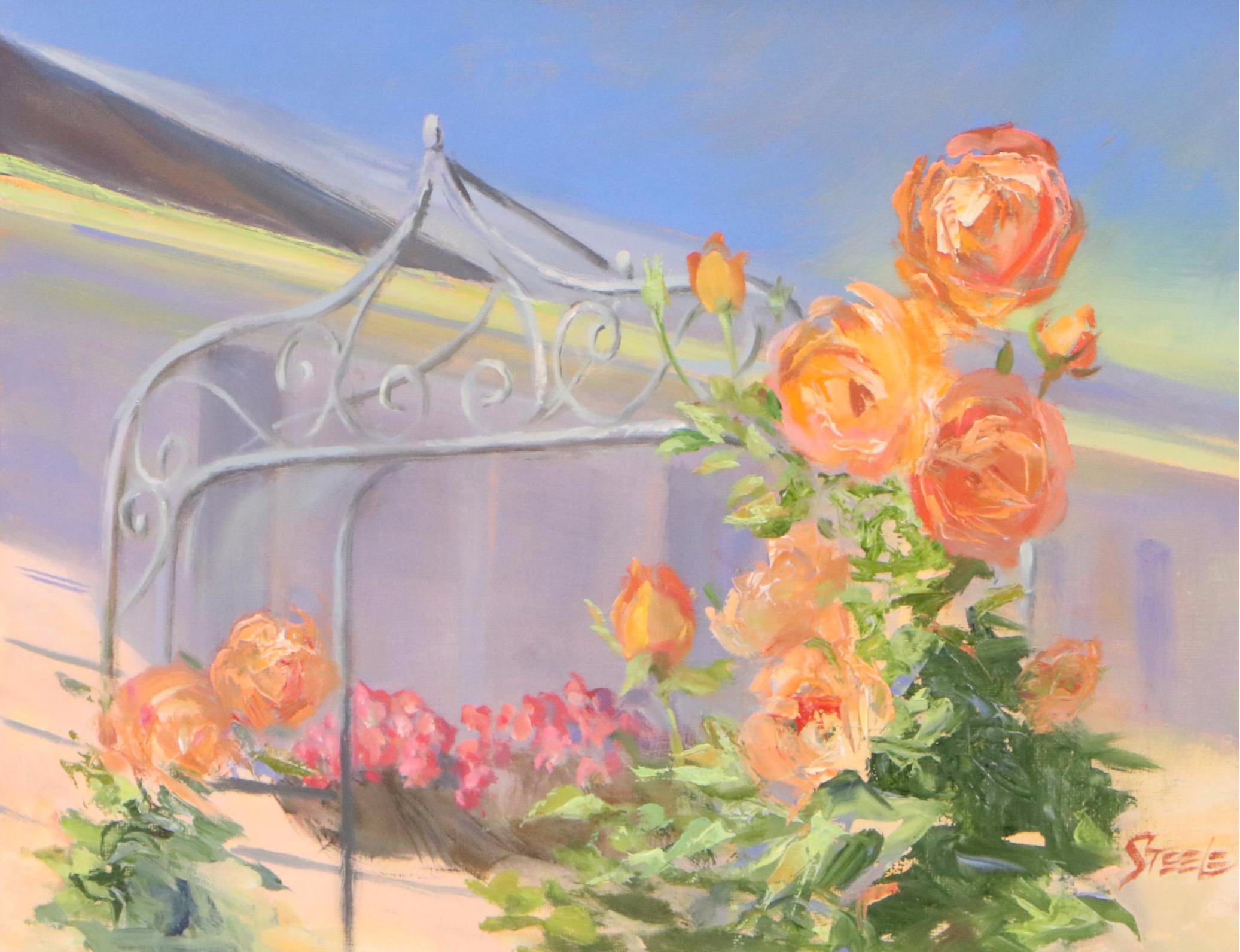 Marlene Steele Oil Painting "Antique Rose Arbour," 21st Century