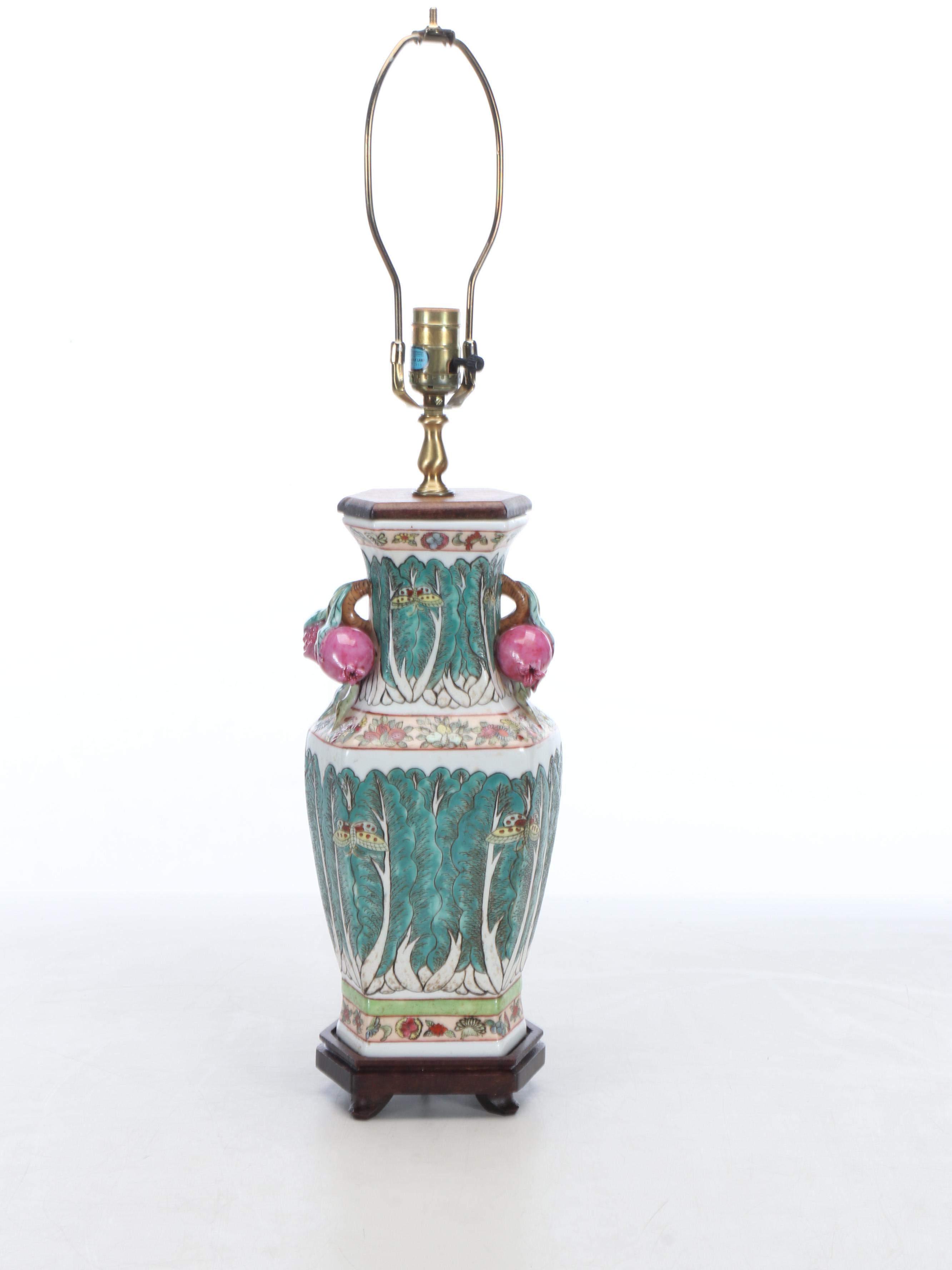 Chinese Famille Rose Porcelain Table Lamp with Silk Shade