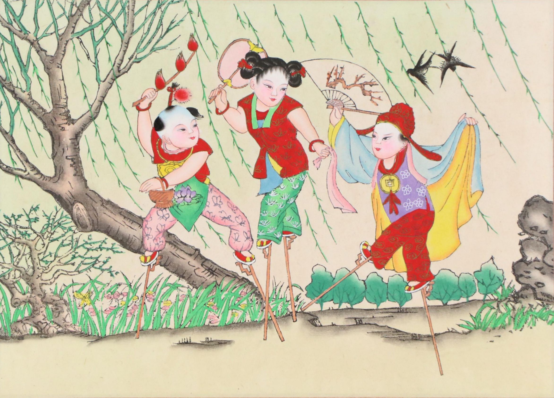 Chinese Hand-Painted Woodblock of Three Children on Stilts, Mid-20th Century