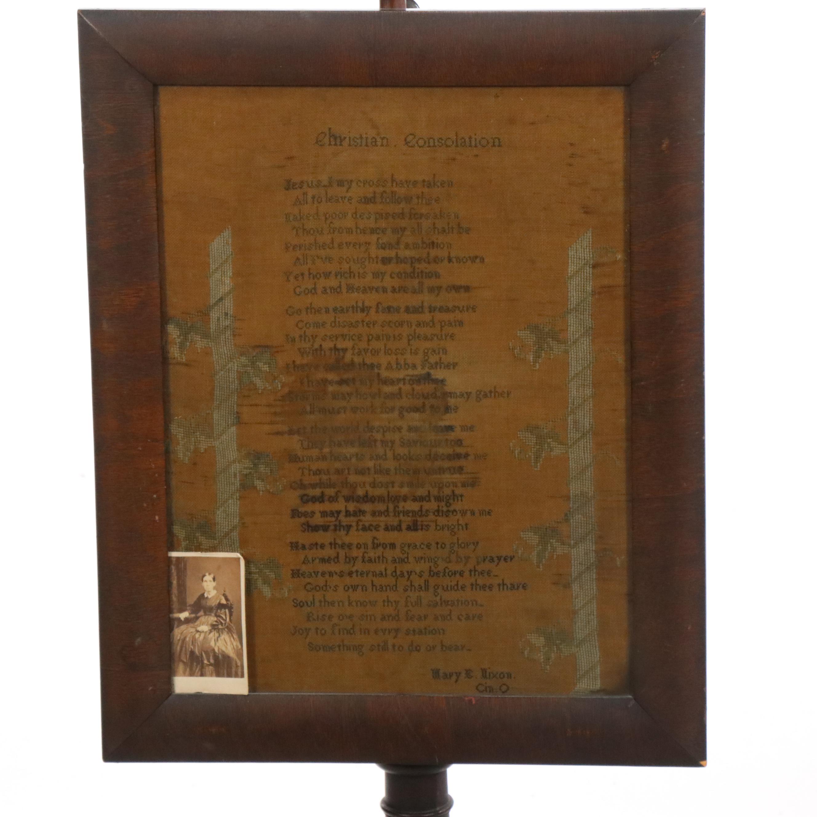Cincinnati Made "Christian Consolation" Framed Needlework Sampler, 19th Century