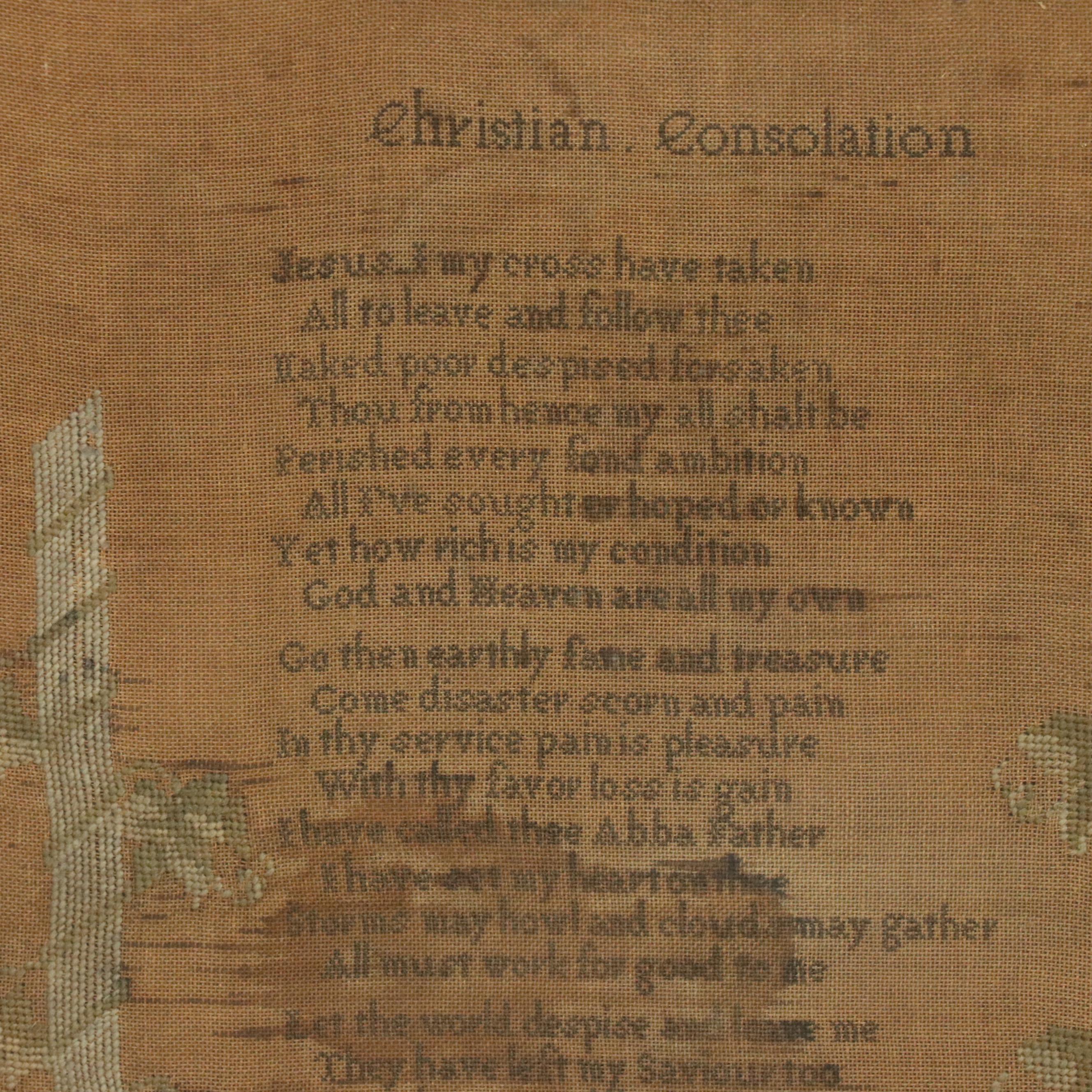 Cincinnati Made "Christian Consolation" Framed Needlework Sampler, 19th Century