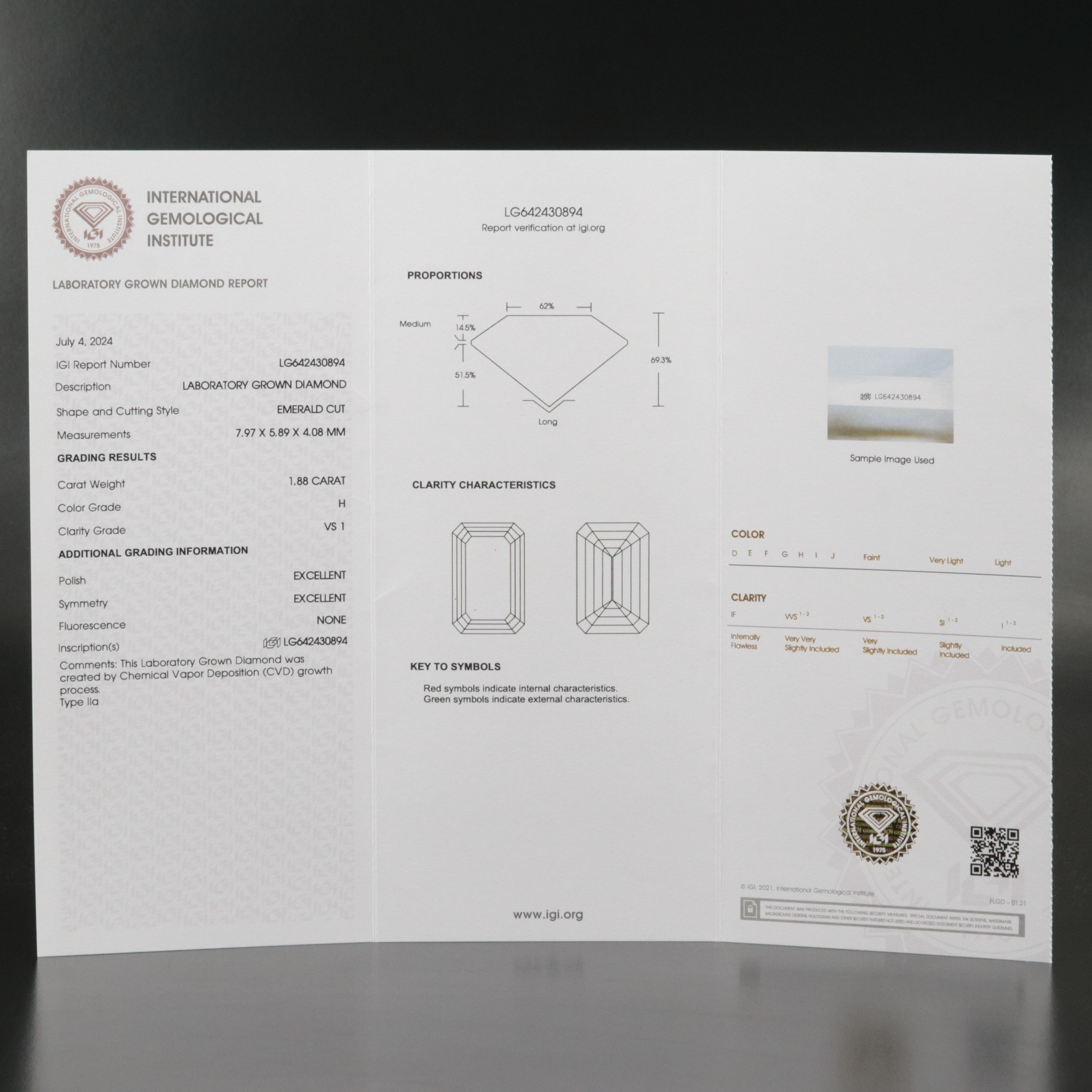 Loose 1.88 CT Lab Grown Diamond with IGI Report