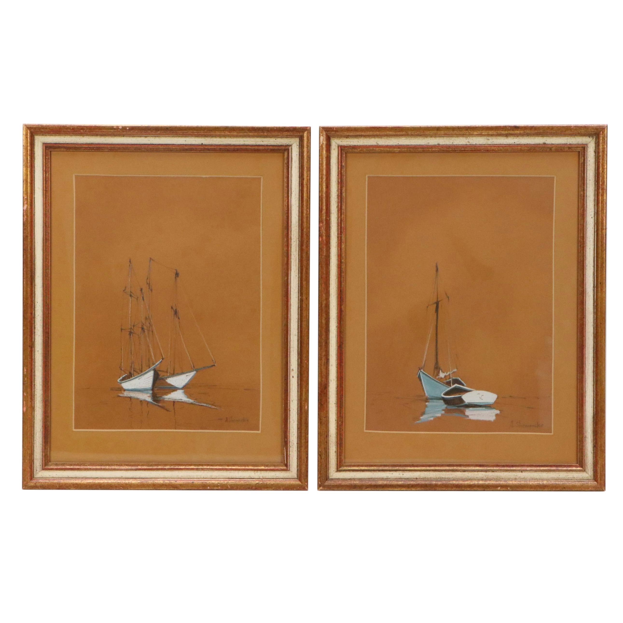 Anthony Shemroske Pastel and Graphite Sailboat Scenes, Circa 1970