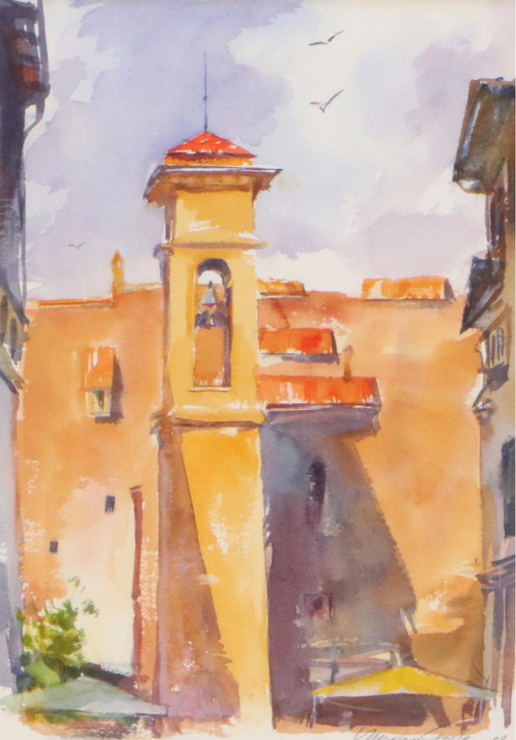 Marlene Steele European Village Landscape Watercolor Painting, 2008