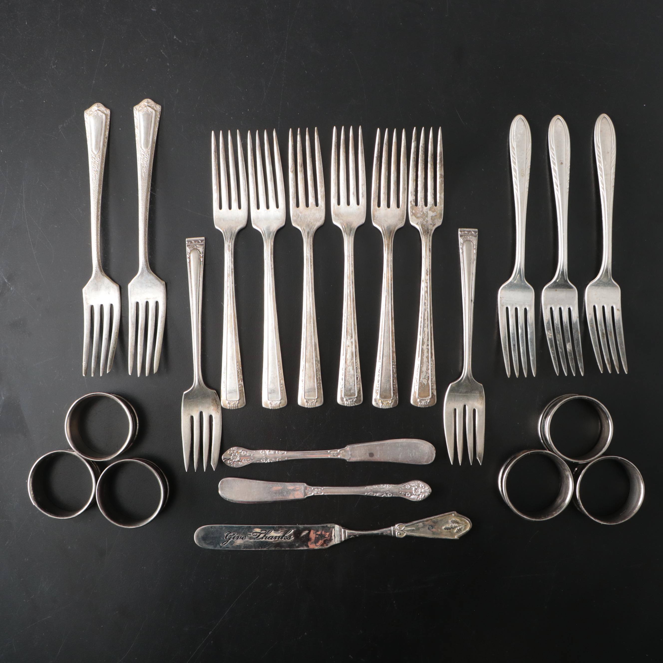 Vintage Nickel Silver and Silver Plate Utensils and Napkin Rings