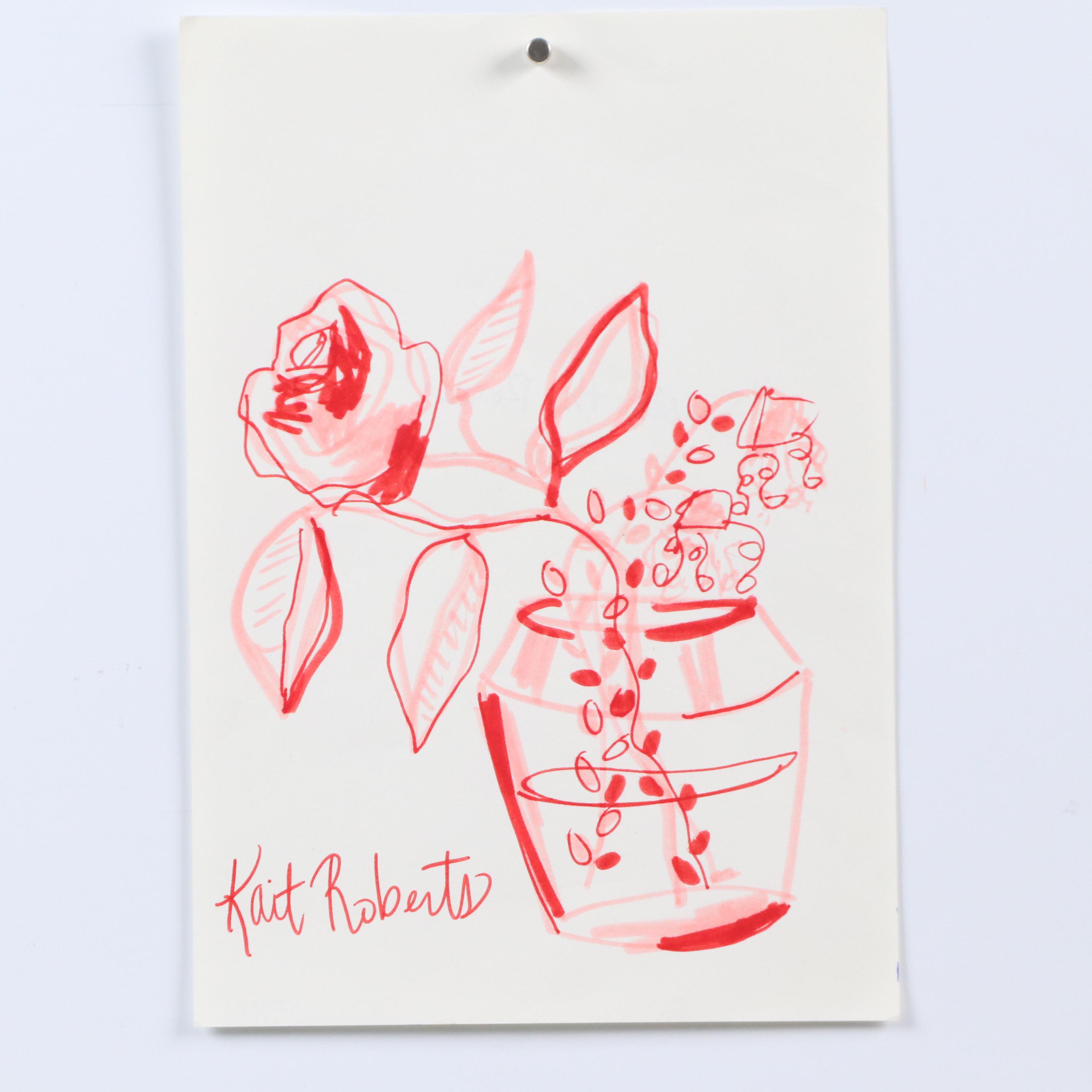 Kait Roberts Mixed Media Drawings "Smell the Roses" and More, 21st Century