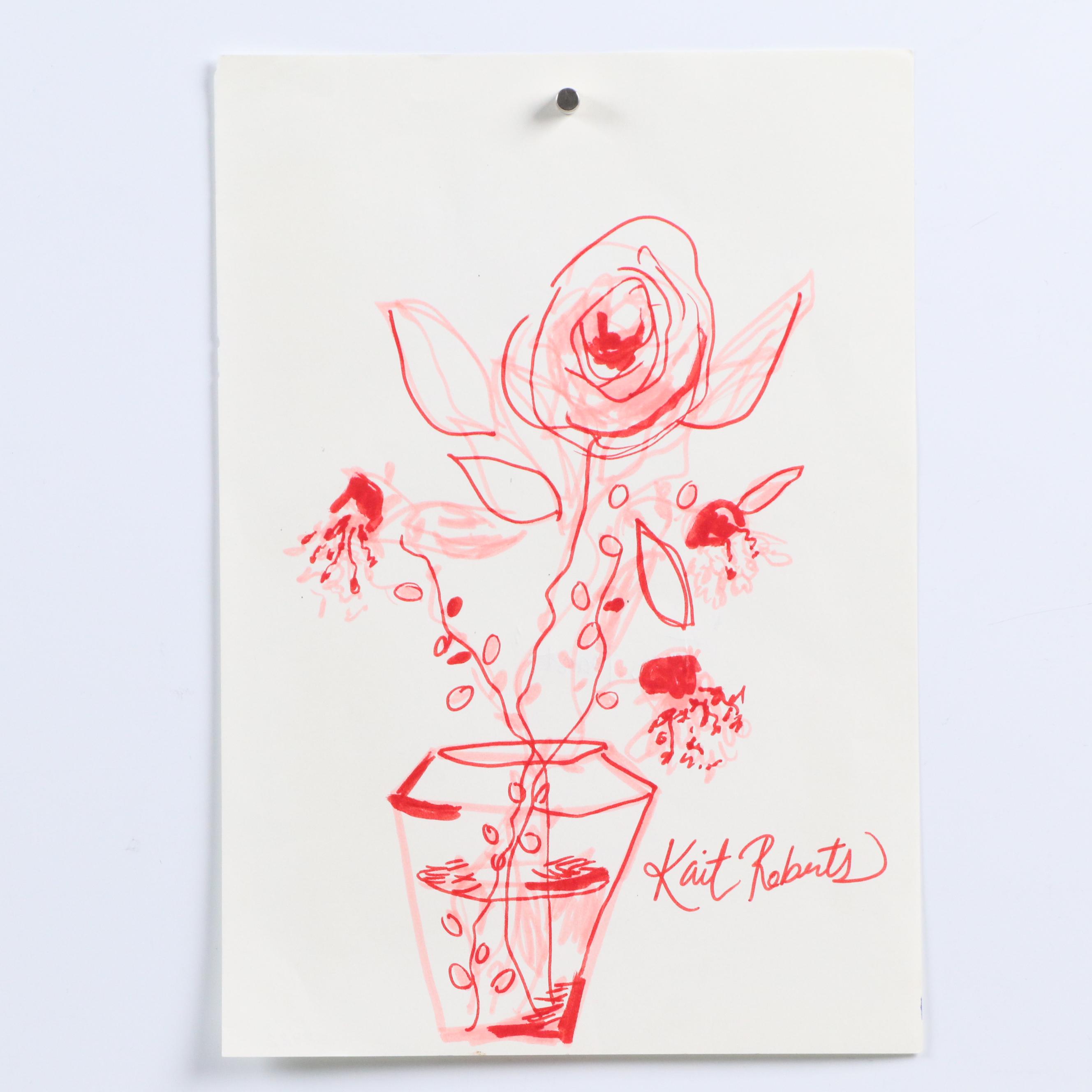 Kait Roberts Mixed Media Drawings "Smell the Roses" and More, 21st Century