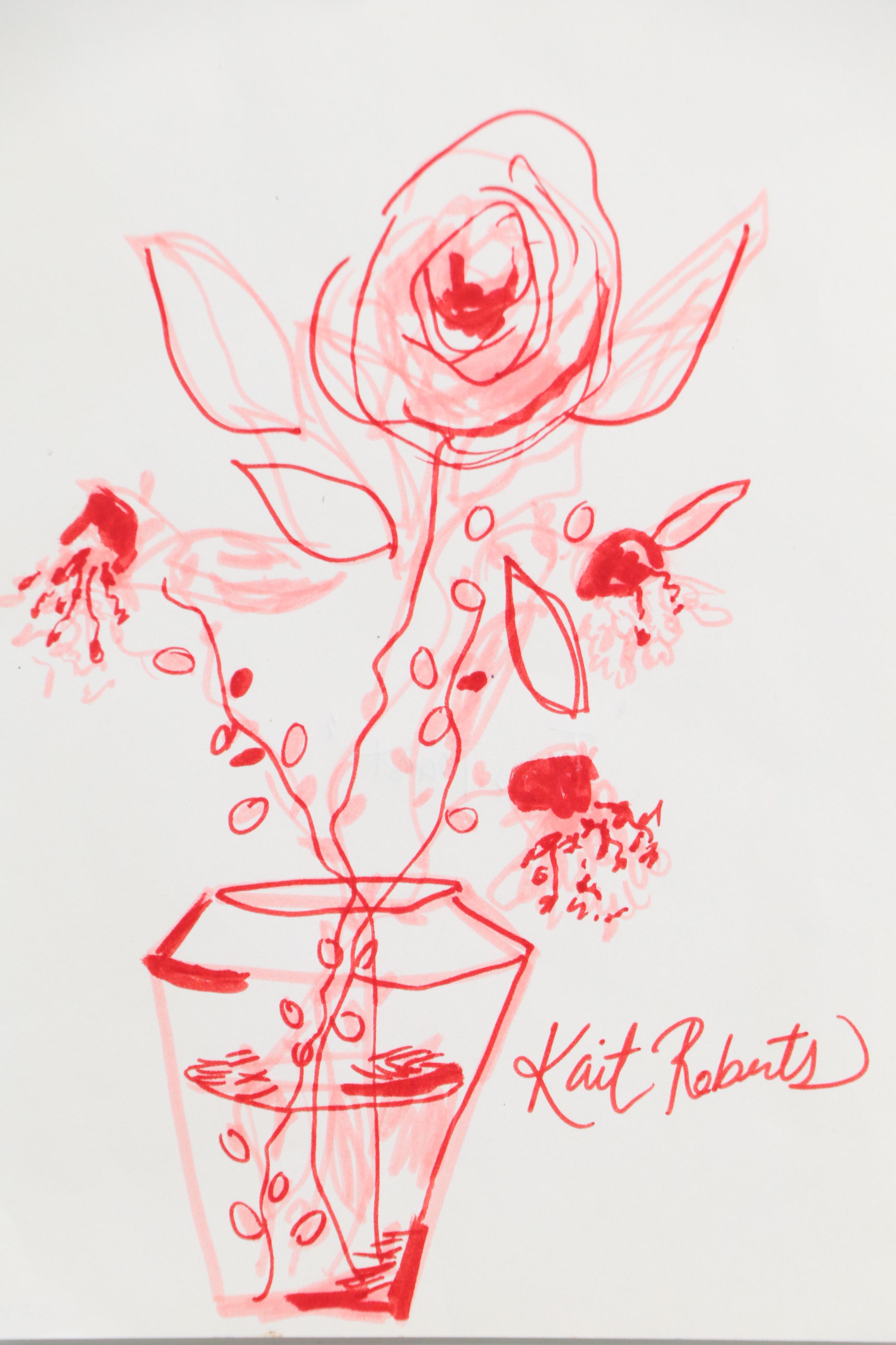 Kait Roberts Mixed Media Drawings "Smell the Roses" and More, 21st Century