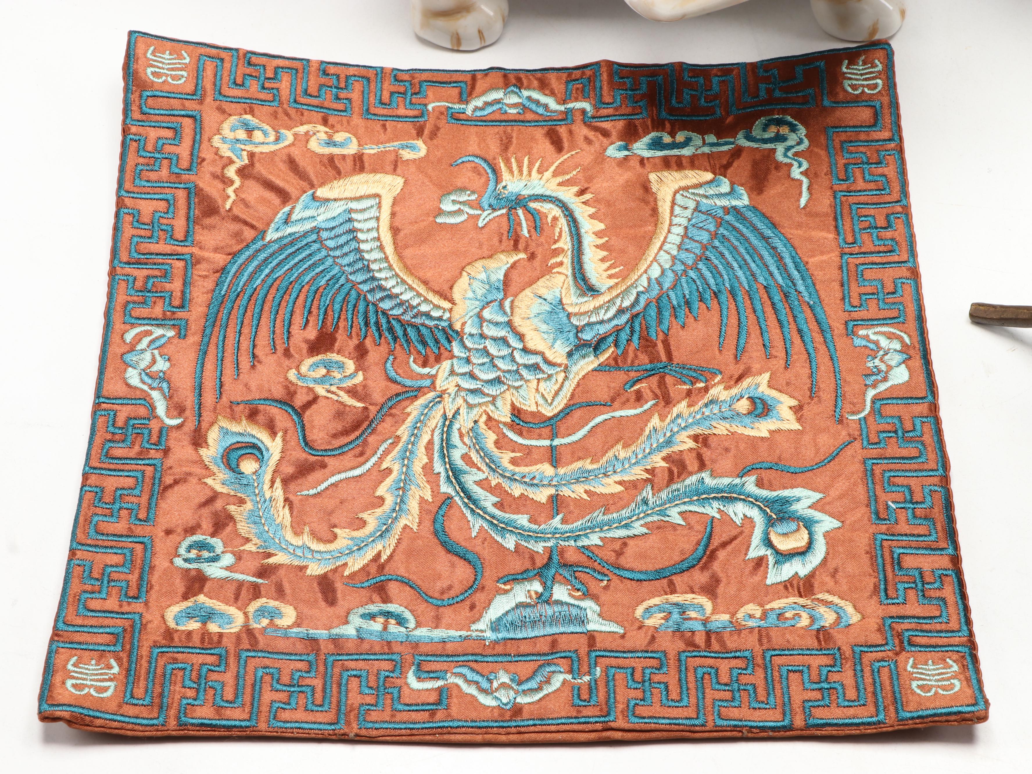 Chinese Porcelain Vase with Embroidered Silk Phoenix and Other Décor