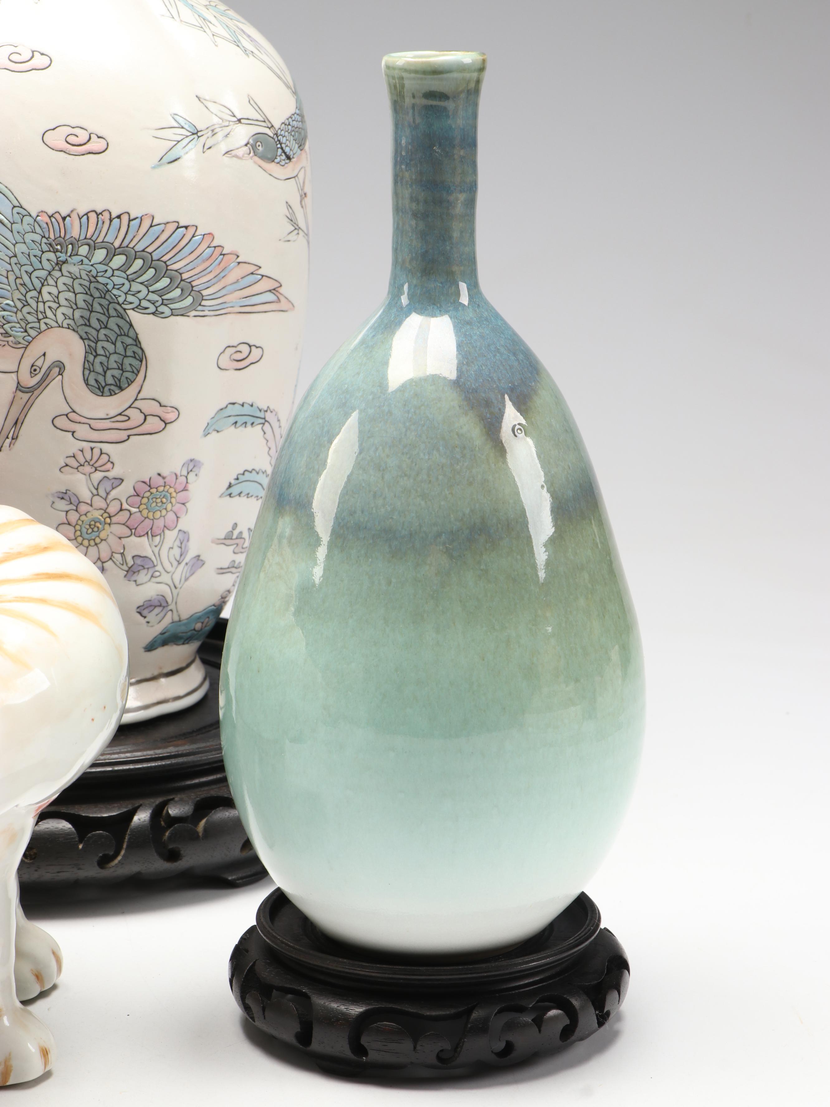 Chinese Porcelain Vase with Embroidered Silk Phoenix and Other Décor