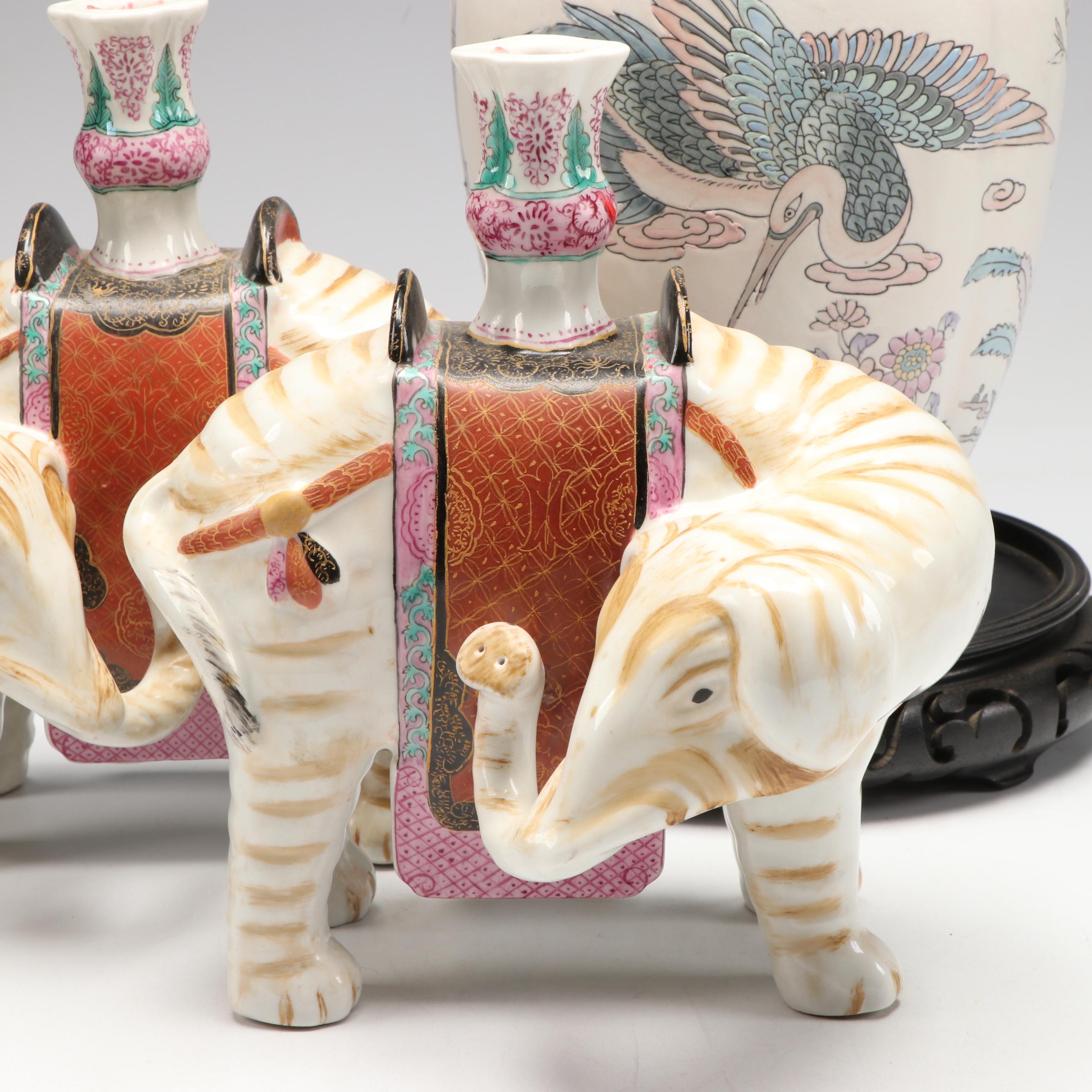 Chinese Porcelain Vase with Embroidered Silk Phoenix and Other Décor