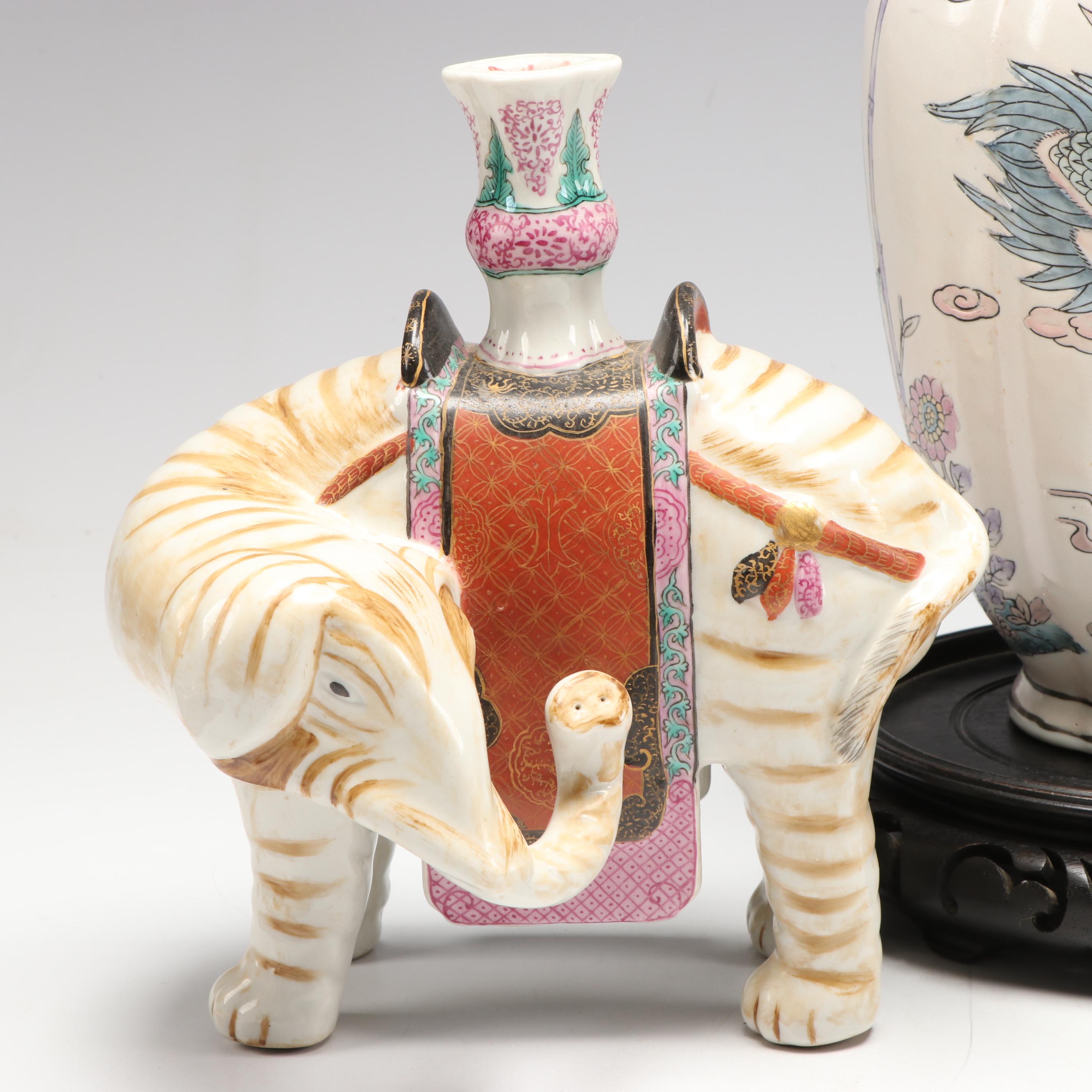 Chinese Porcelain Vase with Embroidered Silk Phoenix and Other Décor