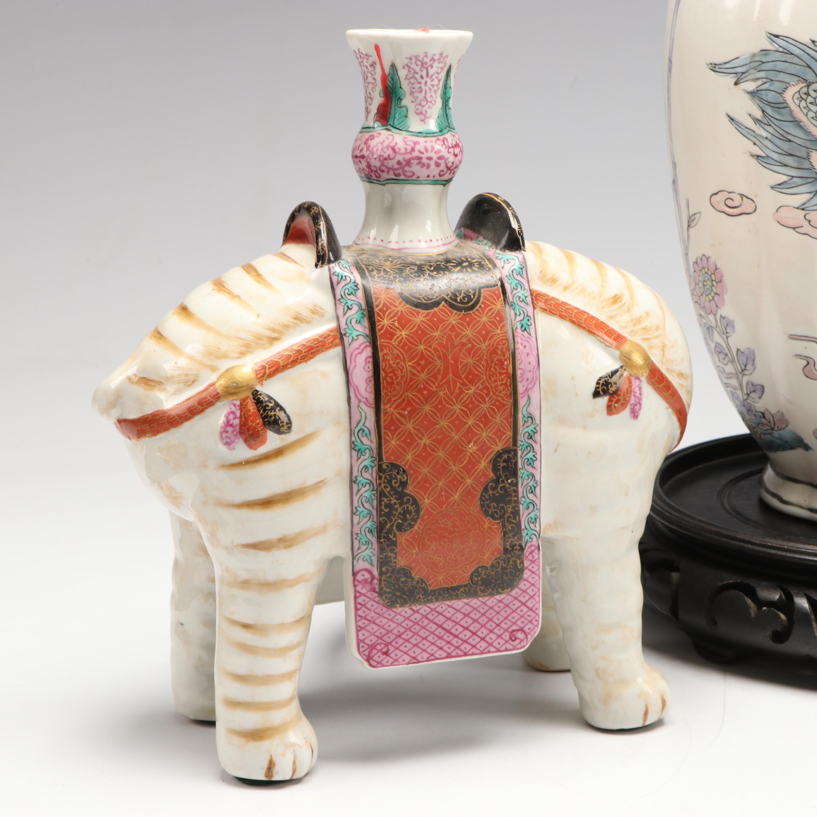 Chinese Porcelain Vase with Embroidered Silk Phoenix and Other Décor