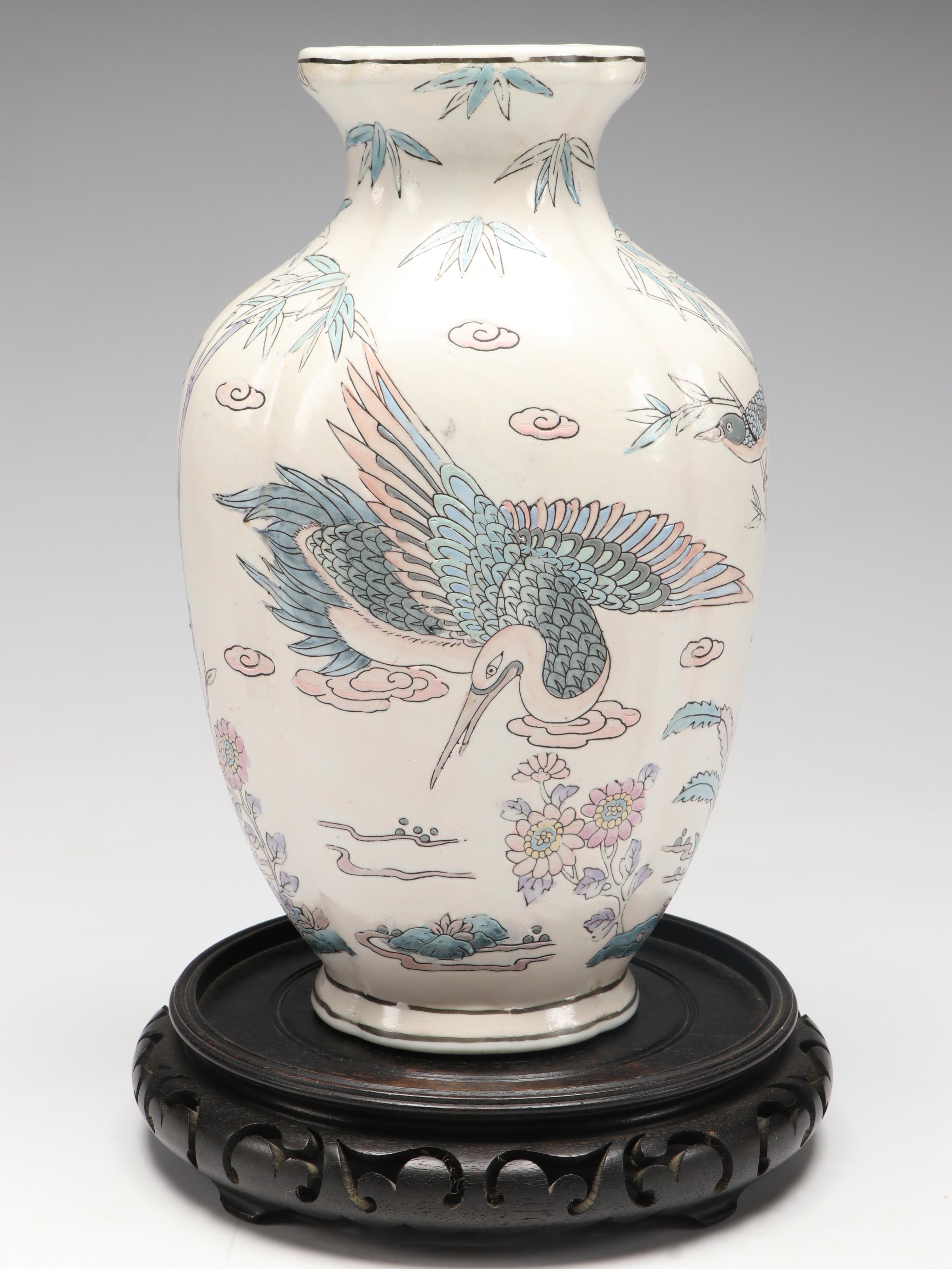 Chinese Porcelain Vase with Embroidered Silk Phoenix and Other Décor