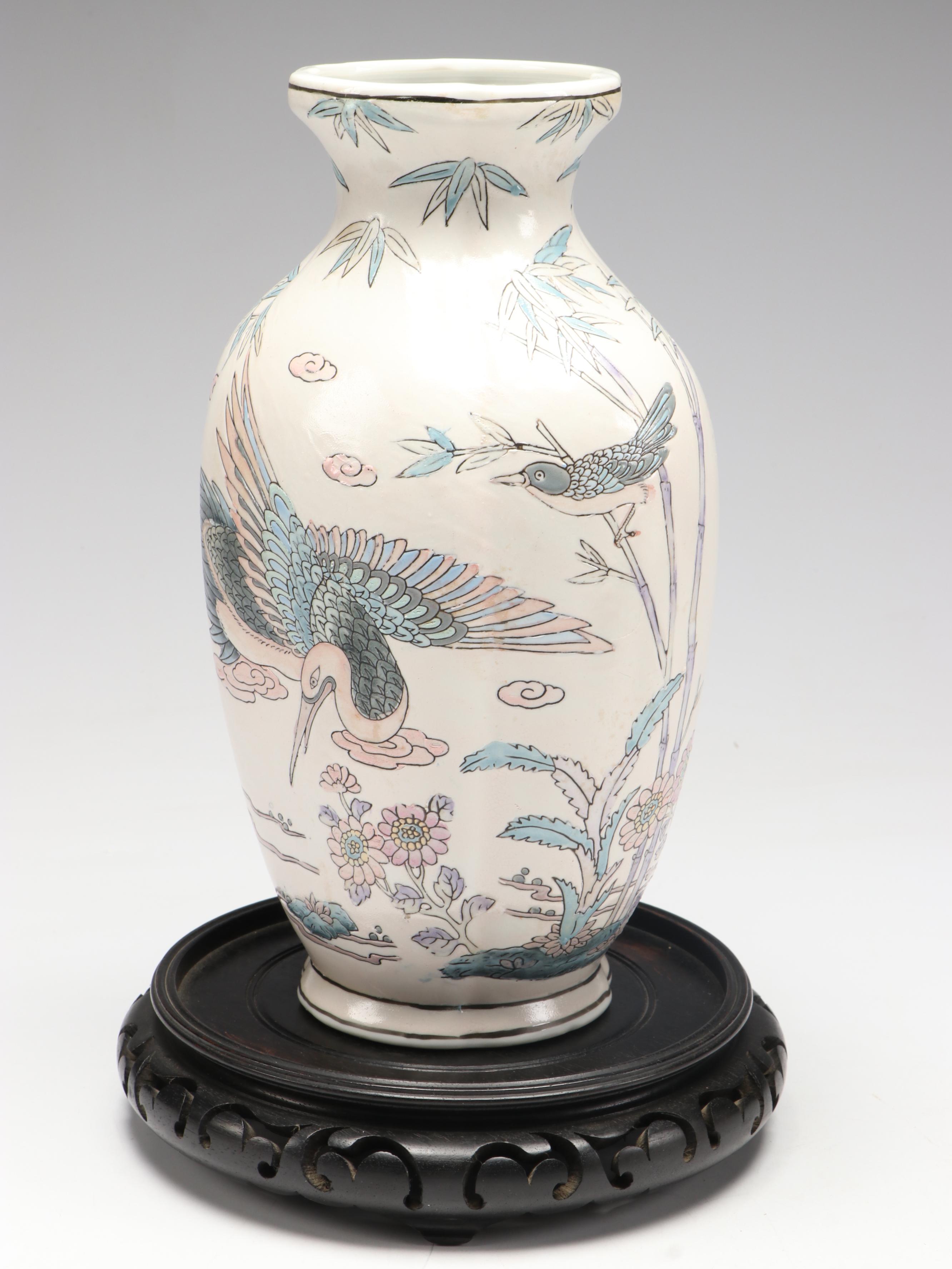 Chinese Porcelain Vase with Embroidered Silk Phoenix and Other Décor