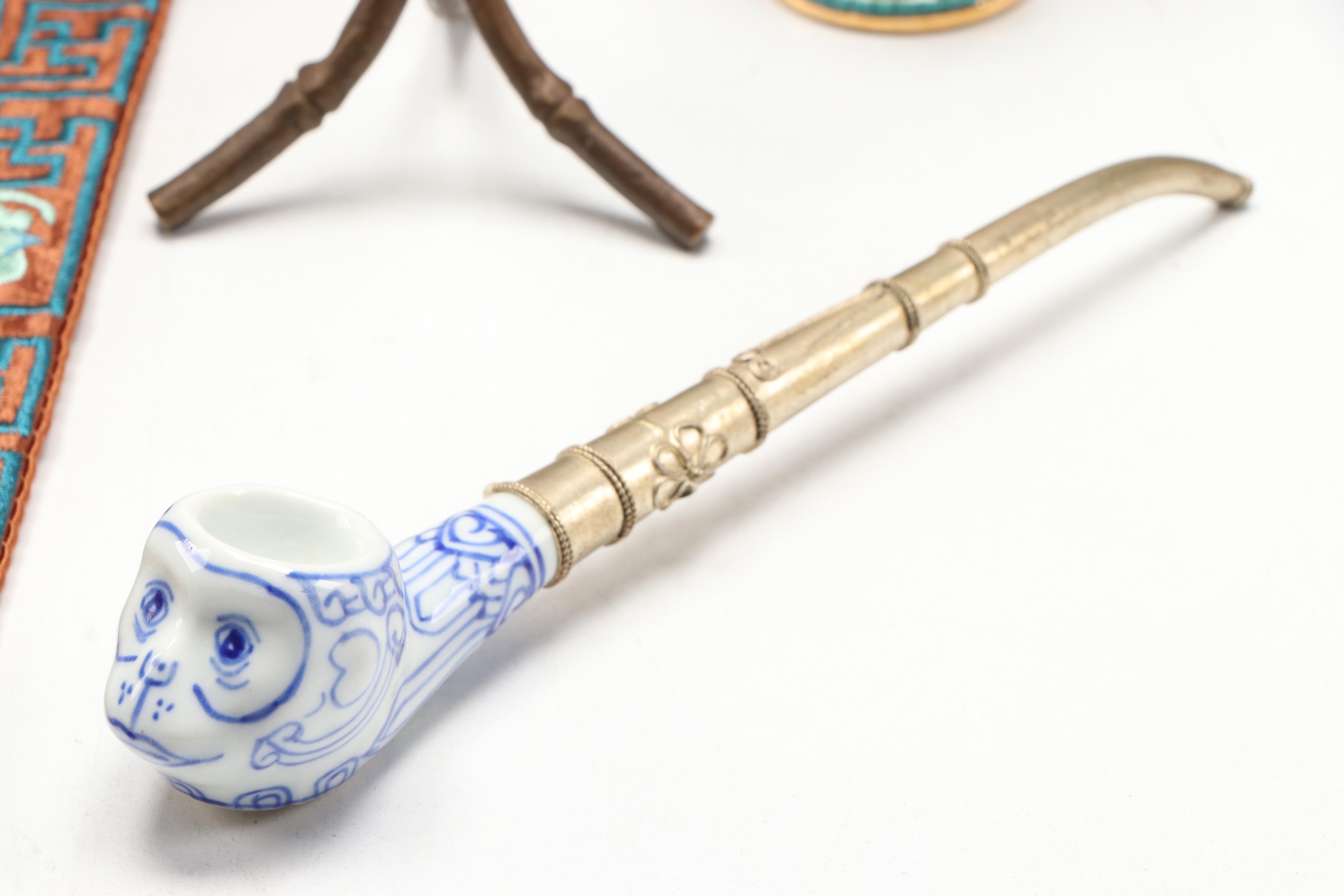 Chinese Porcelain Vase with Embroidered Silk Phoenix and Other Décor