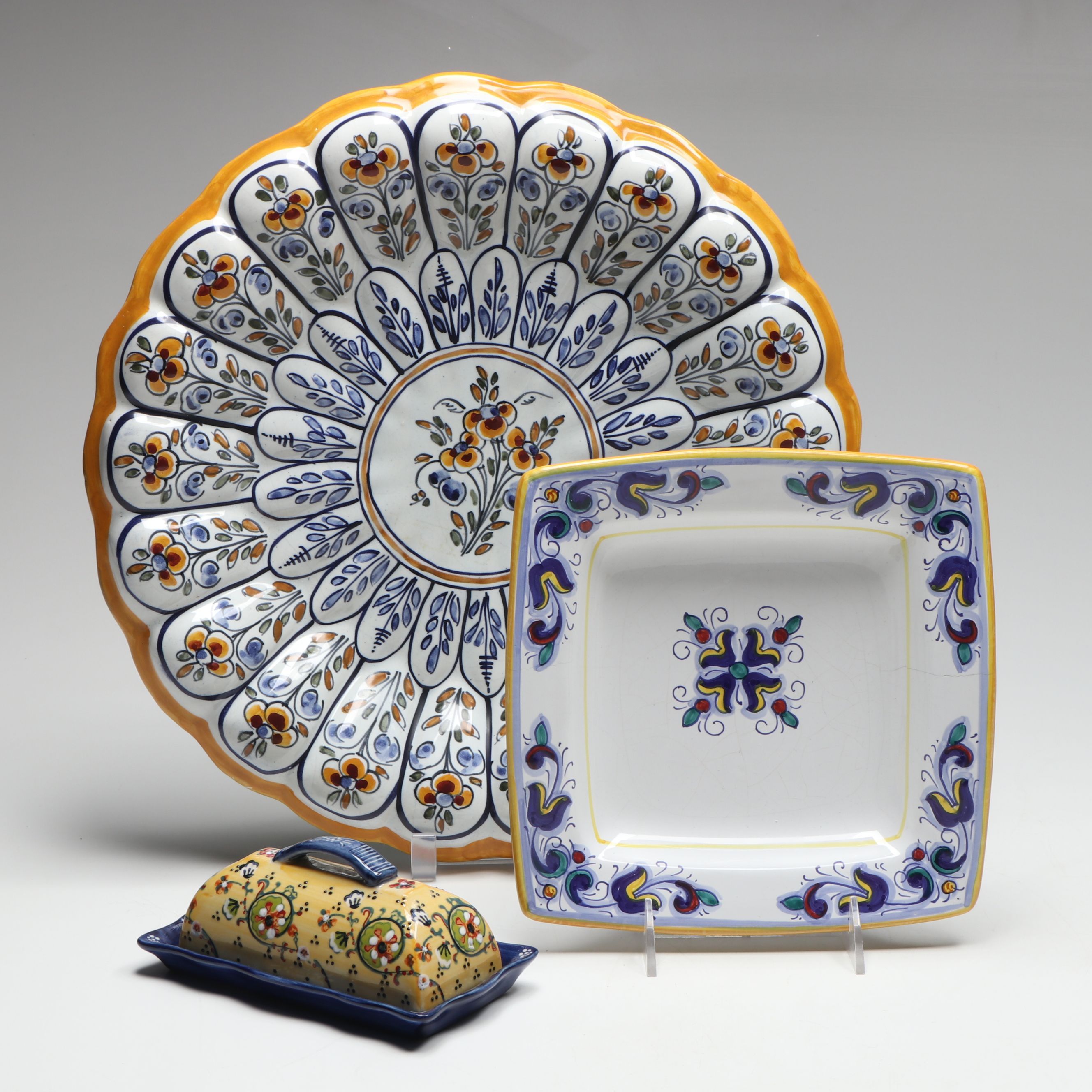 Hand-Painted Ceramic Round Platter, Square Bowl, and Butter Dish
