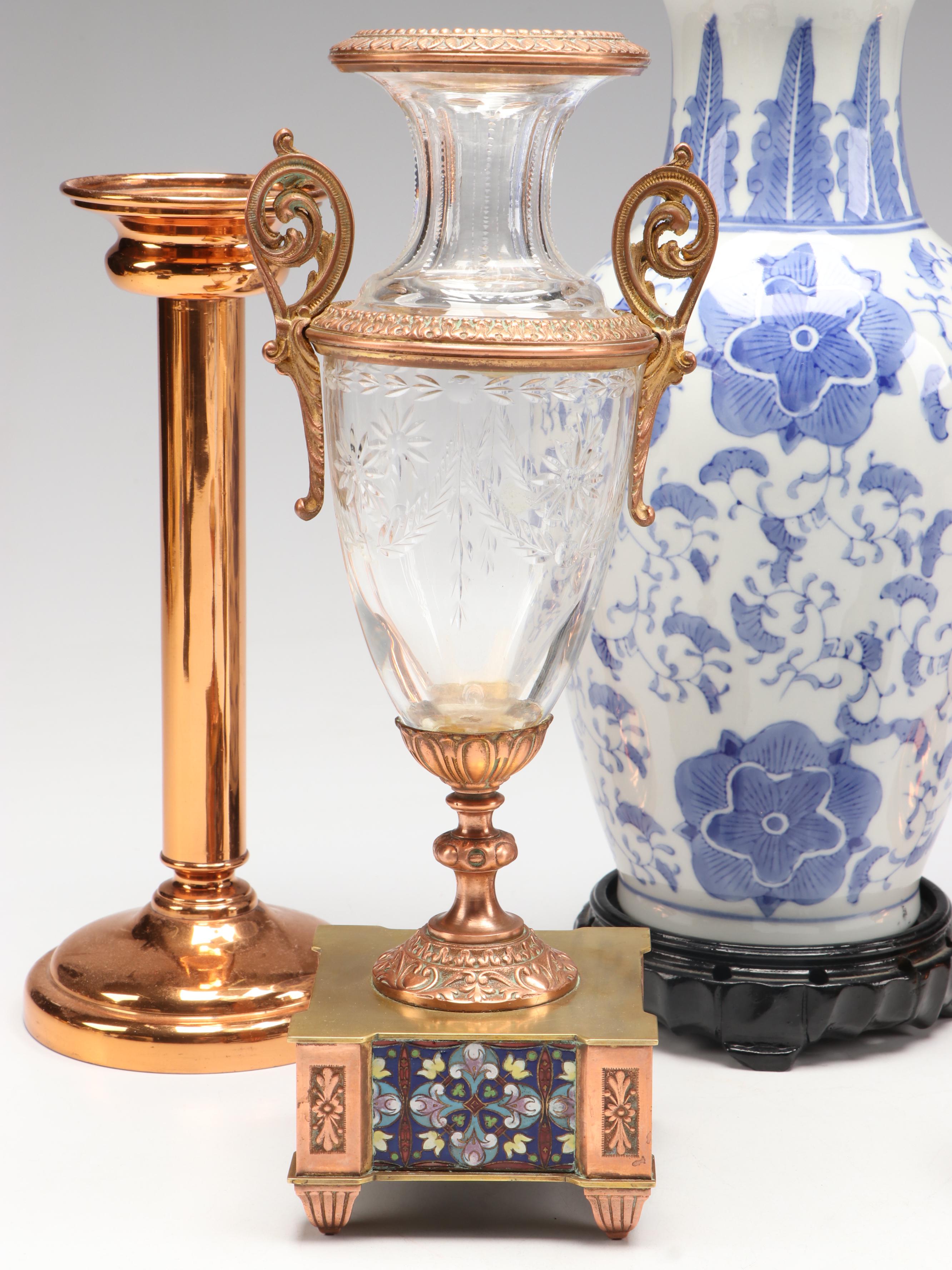 Neoclassical Style Copper Vase and Candlesticks with Other East Asian Décor