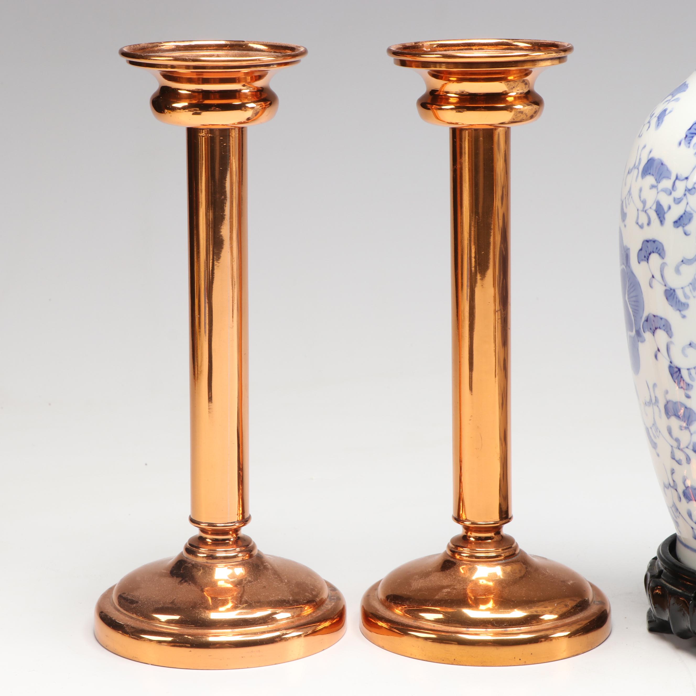Neoclassical Style Copper Vase and Candlesticks with Other East Asian Décor