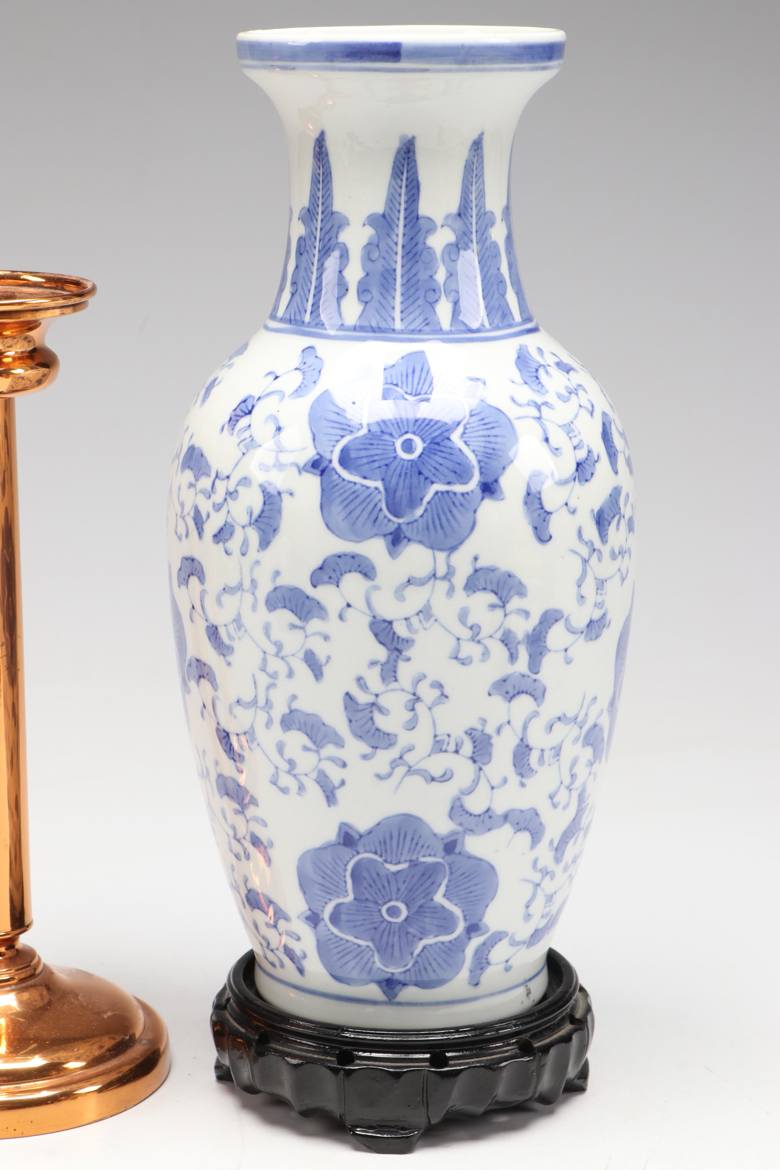 Neoclassical Style Copper Vase and Candlesticks with Other East Asian Décor
