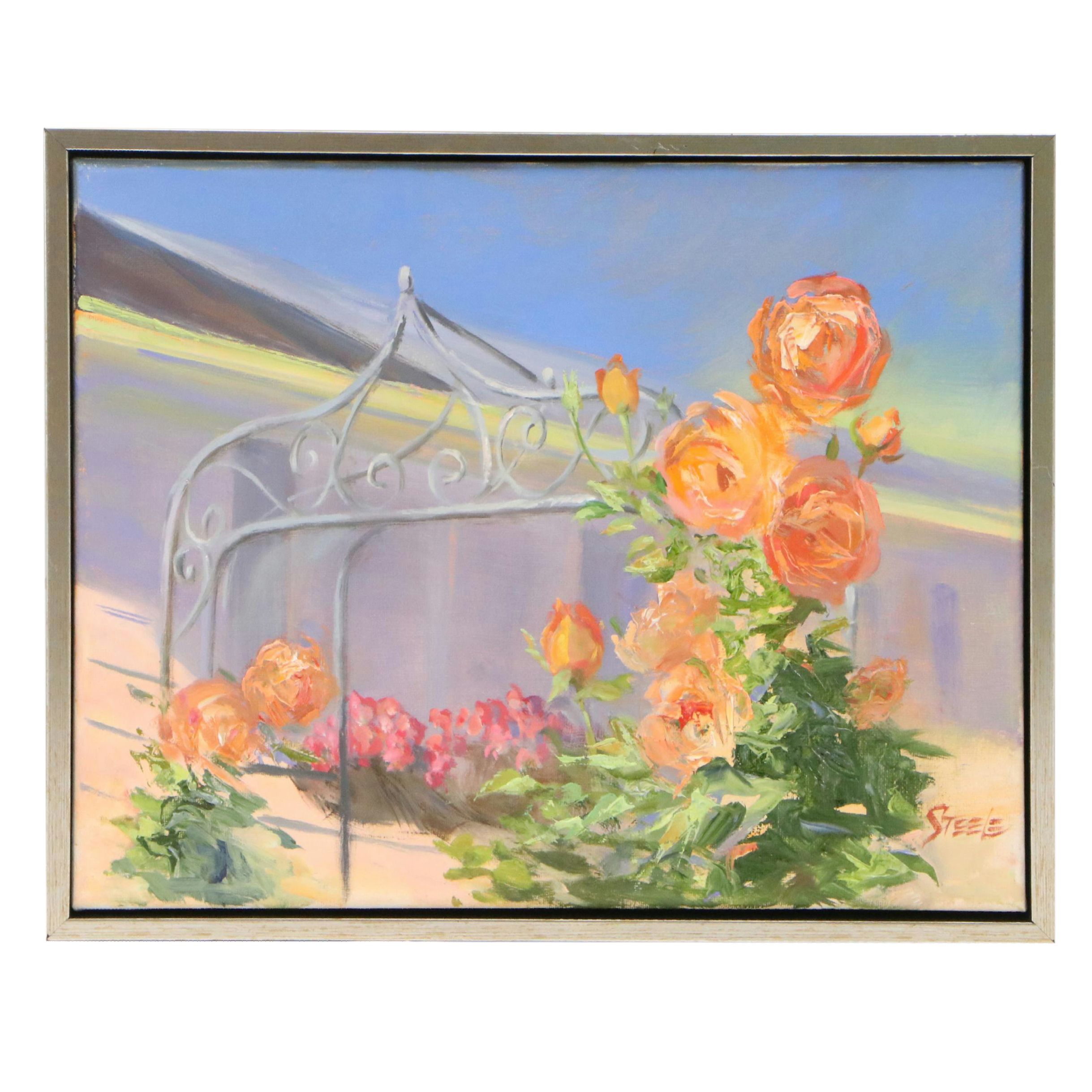 Marlene Steele Oil Painting "Antique Rose Arbour," 21st Century