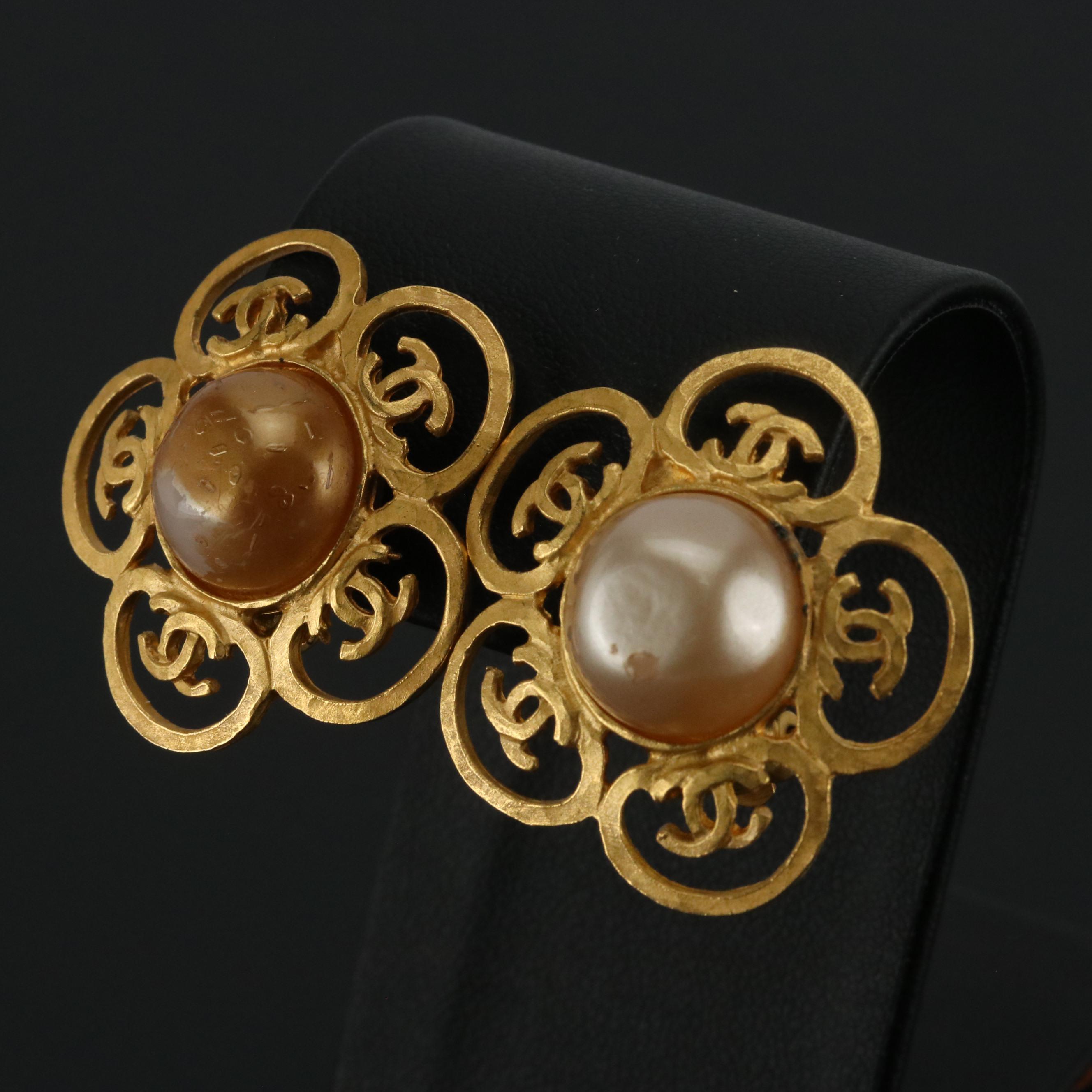 Chanel Imitation Pearl Camellia Clip Earrings