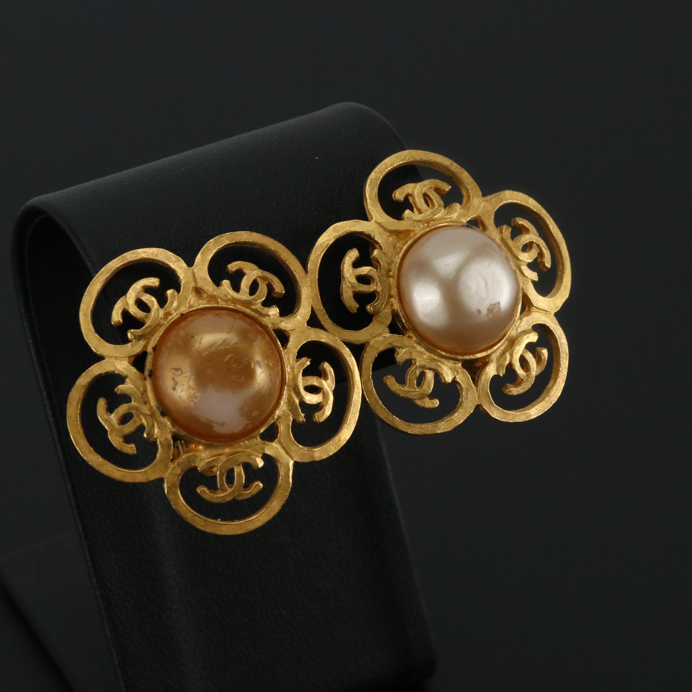 Chanel Imitation Pearl Camellia Clip Earrings