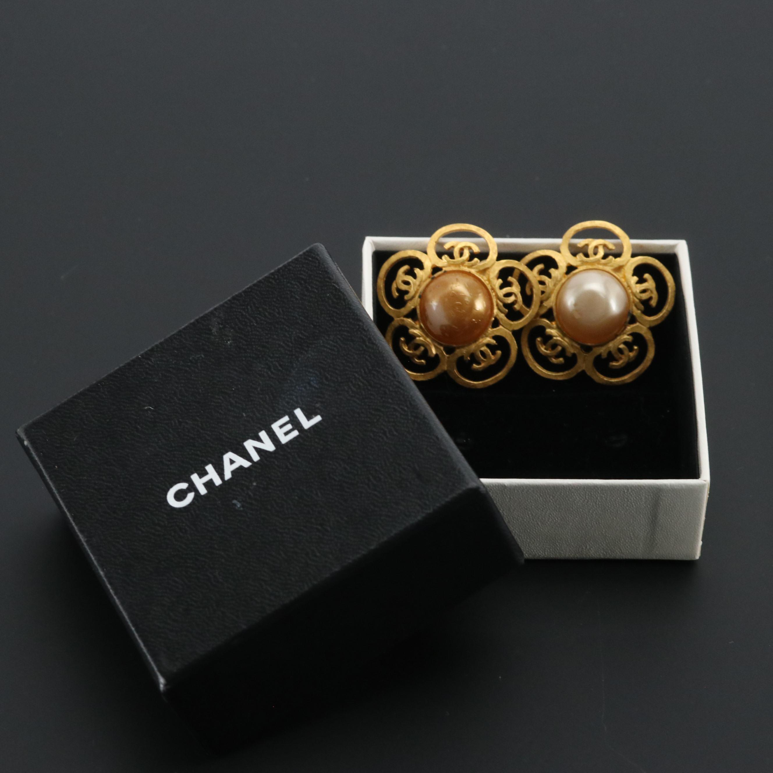 Chanel Imitation Pearl Camellia Clip Earrings