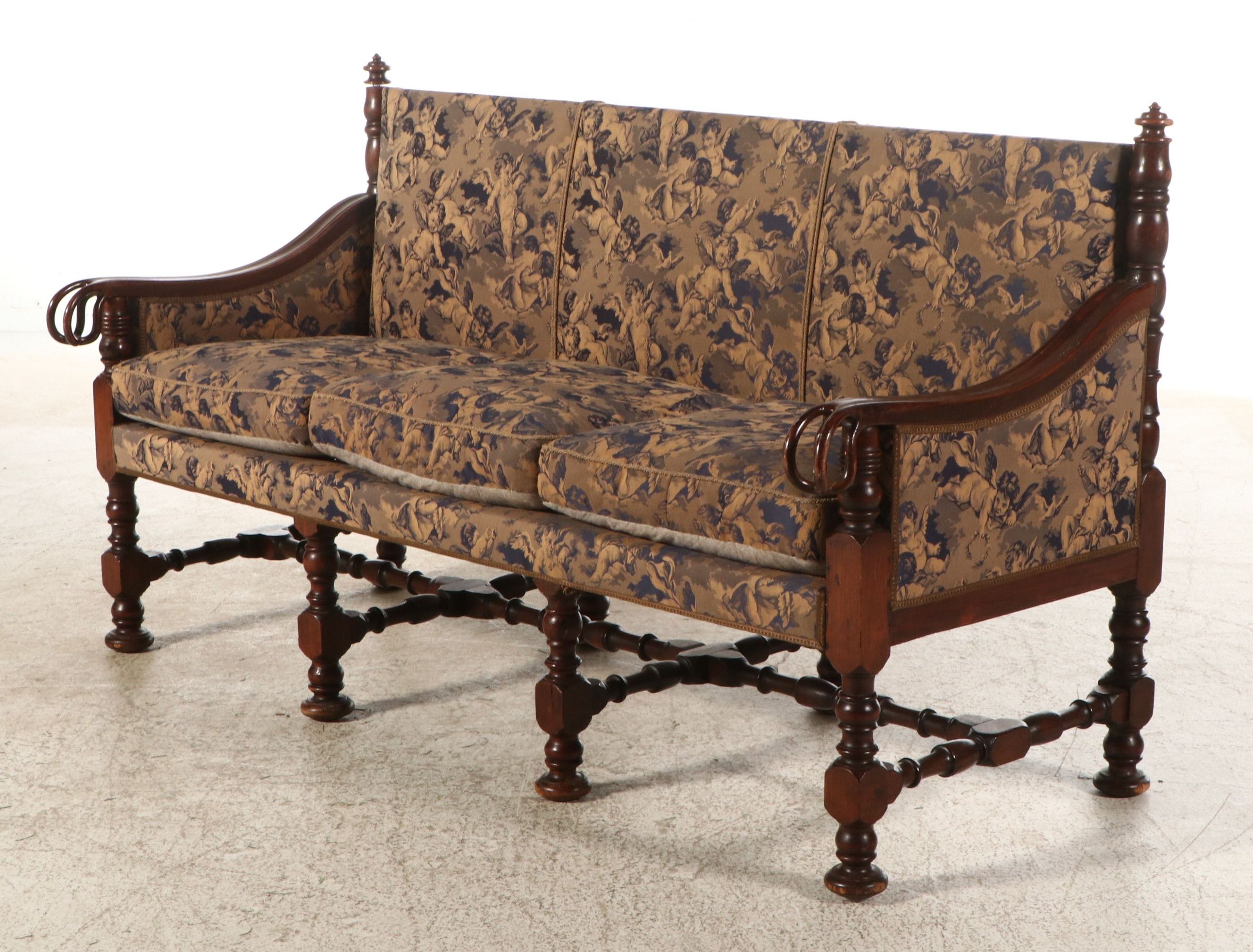 English William and Mary Style Carved Walnut Upholstered Settee